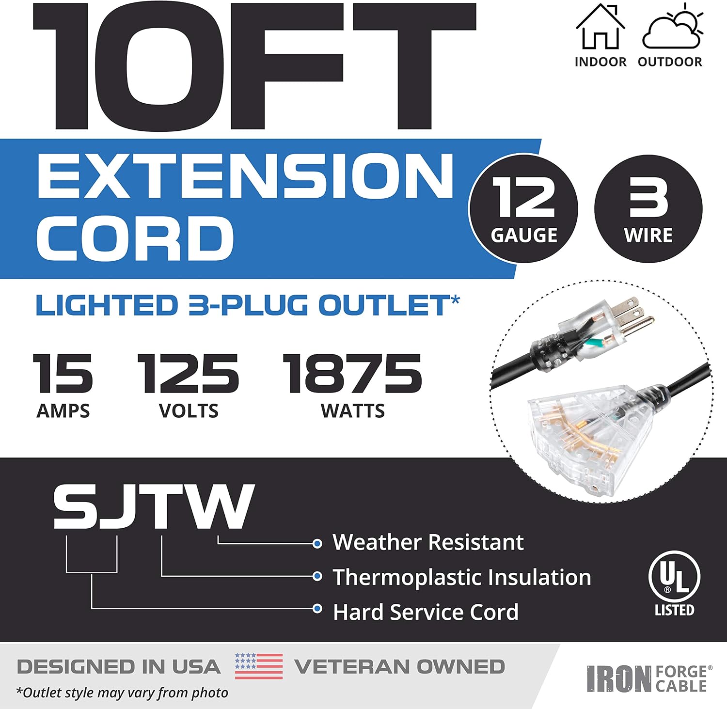 Iron Forge Cable 12 Gauge Extension Cord Multi Outlet, 10 Ft - Black SJTW