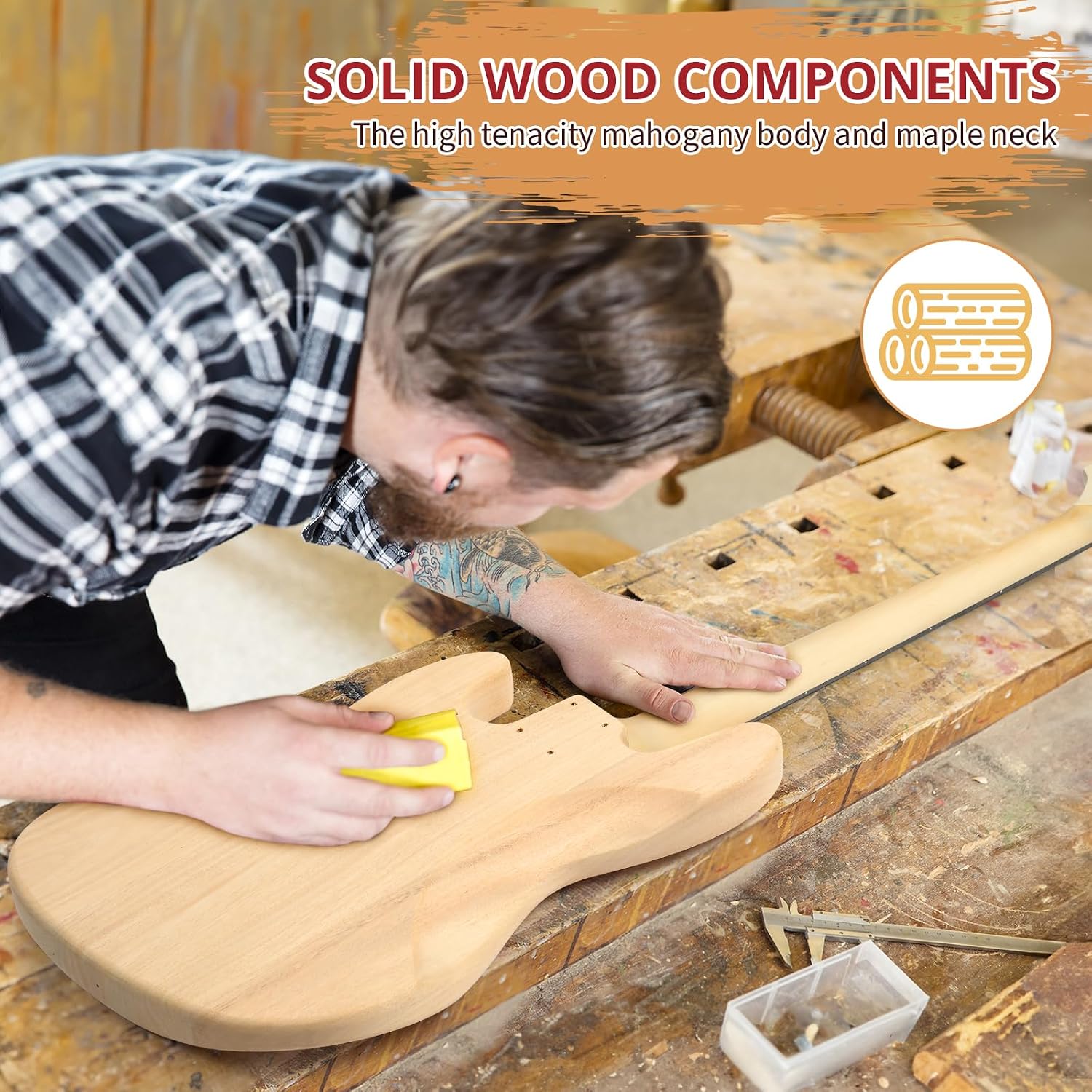 Ktaxon DIY Electric Guitar Kit, 44Inch DIY Bass Guitar Kit (KIB) | Mahogany Body, Solid Wood Fingerboard and Maple Neck, Easy Installation & All Accessories Included to Build Your Own Guitar