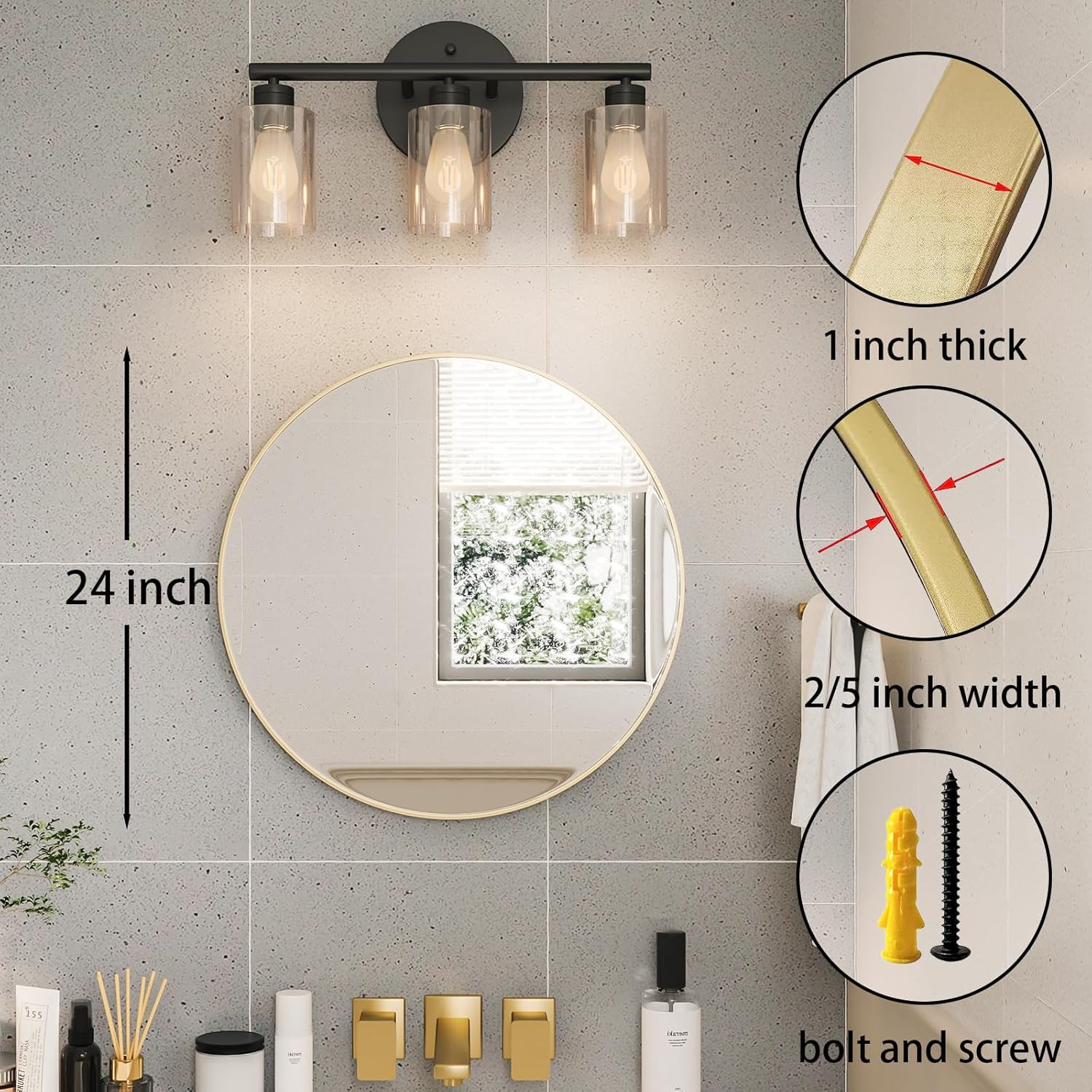 Growsun Black Round Mirror 24 inch, Wall Mounted Circle Mirror, Metal Framed Mirror for Bathroom Vanity, Bedroom Home Decor Mirros