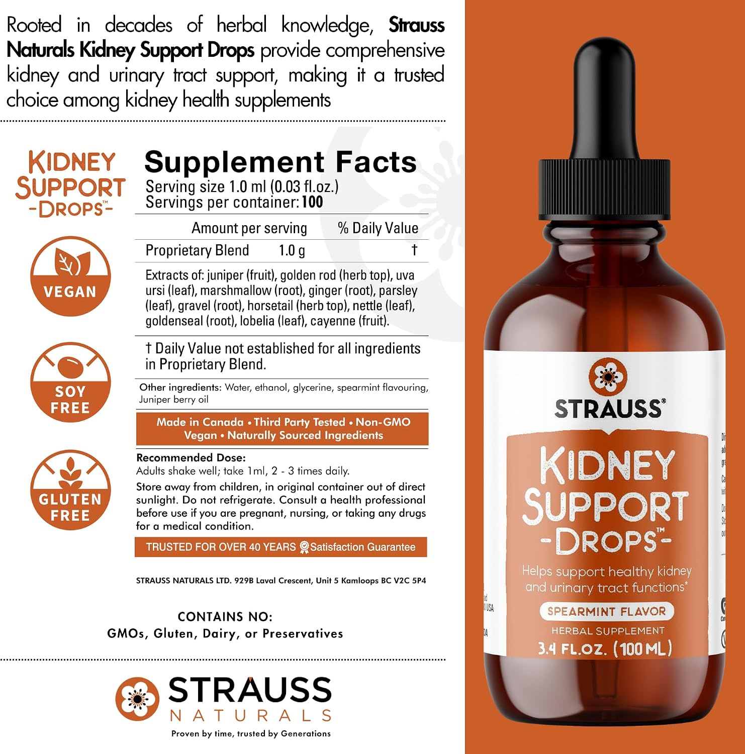 Strauss Naturals Kidney Support Supplement, Spearmint, 225 ml | Herbal Cleanse & Detox, Supports Urinary Tract Function, Non-GMO
