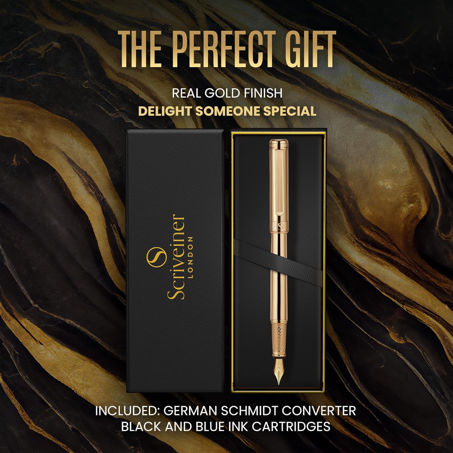 Scriveiner Silver Chrome Fountain Pen - Stunning Luxury Pen, Real Gold Finish Schmidt Gilded Nib (Medium), Best Pen Gift Set for Men & Women
