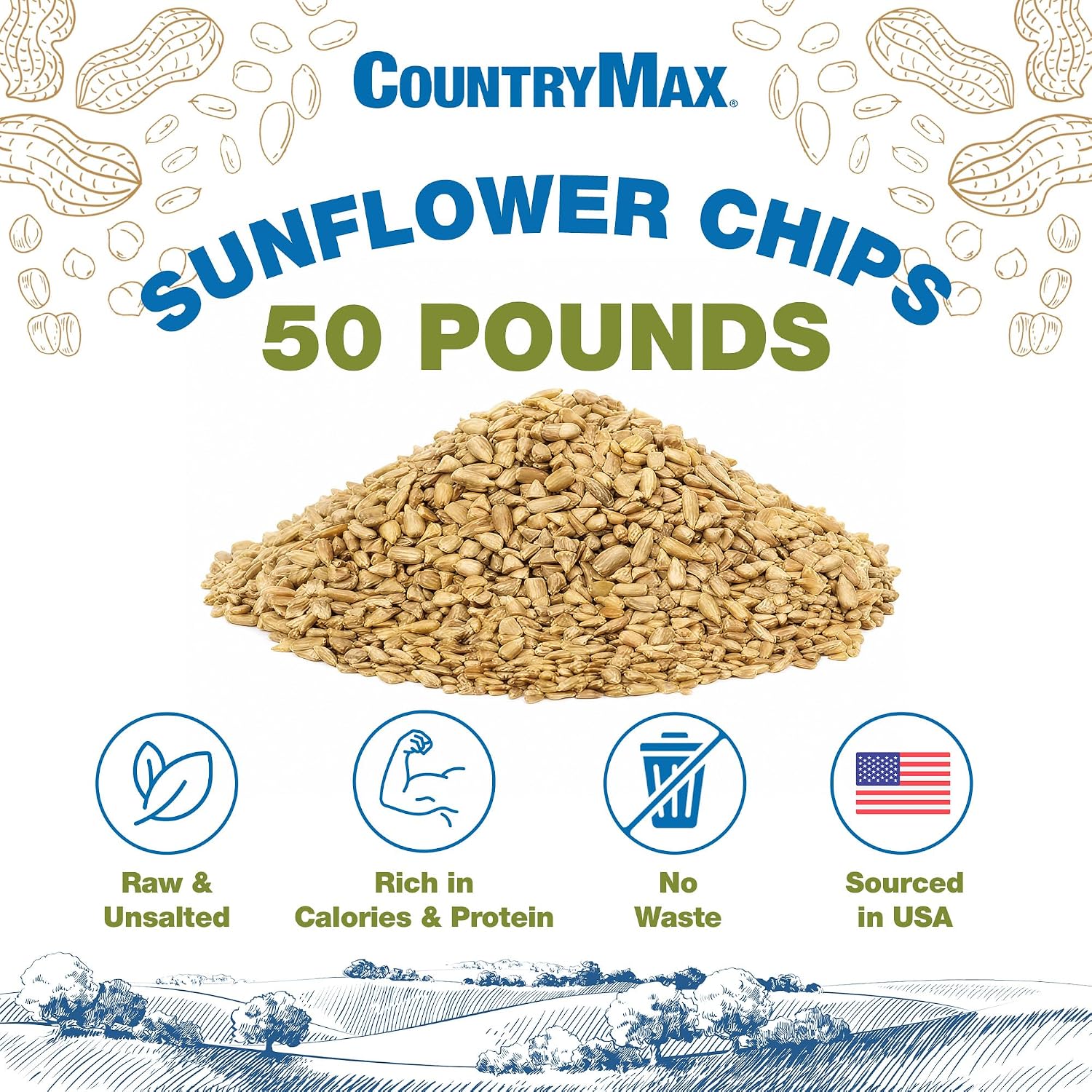 CountryMax Shelled Sunflower Chips 10 lb - No Waste Bird Seed for Outside Feeders, Resealable Bag of Wild Bird Feed | For Smaller Beaks, No Mess, No Waste. High Energy & USA Sourced. For Ground Feeding or Bird Feeders, For Year-Round Feeding