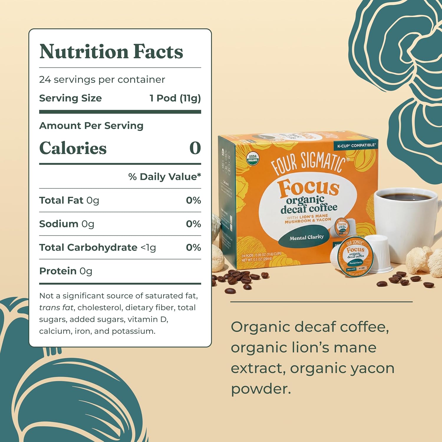 Four Sigmatic Mushroom Coffee K-Cups | Organic Dark Roast Coffee with Lion’s Mane Mushroom Powder & Yacon | Focus & Immune Support | Vegan & Keto