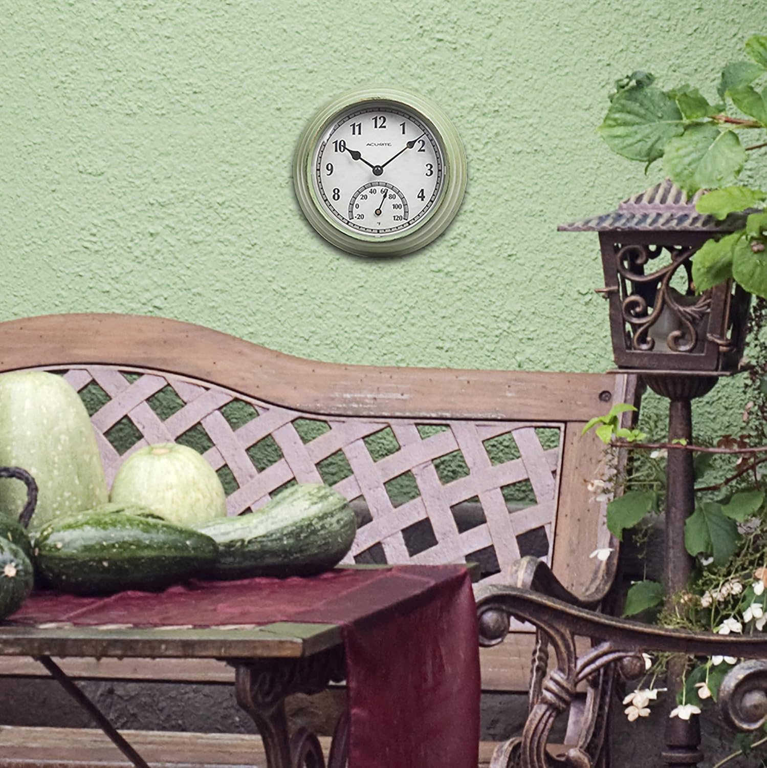 AcuRite 02470 Rustic Green Outdoor Clock with Thermometer, 8.5"