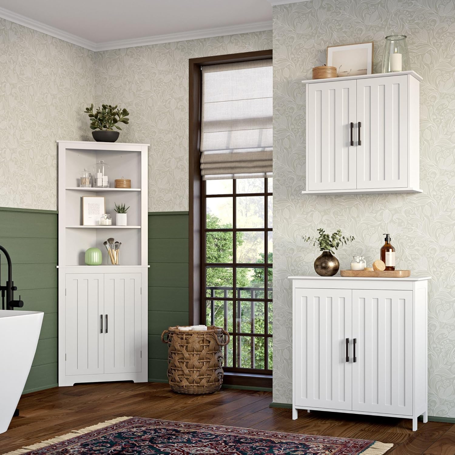 RiverRidge Monroe Two-Door Bathroom Floor Storage Cabinet - White | Linen Cabinet with Adjustable Interior Shelf and Soft Close Hinges