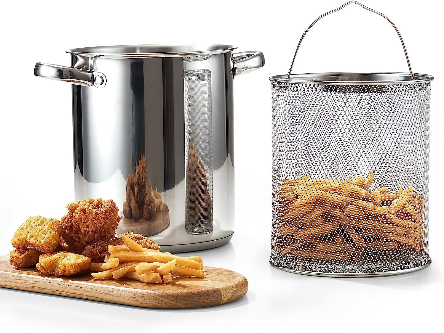 Cook N Home Basics 4-Quart Deep Fryer Pot with Basket, Japanese Tempura Small Stainless Steel Frying Pot with Oil Drip Drainer Rack, Glass Lid, Suitable for Kitchen French Fries, Chicken
