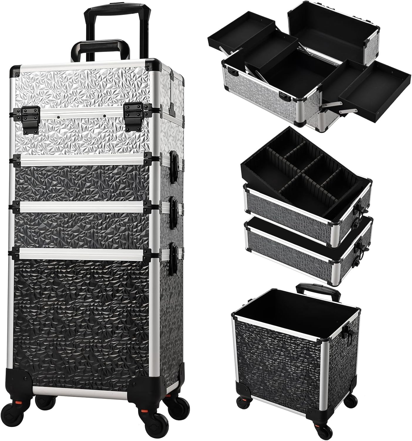 Stagiant Rolling Makeup Case Cosmetology Case on Wheels 4 in 1 Large Cosmetic Organizer Train Case Makeup Travel Case with Key Swivel Wheels Nail