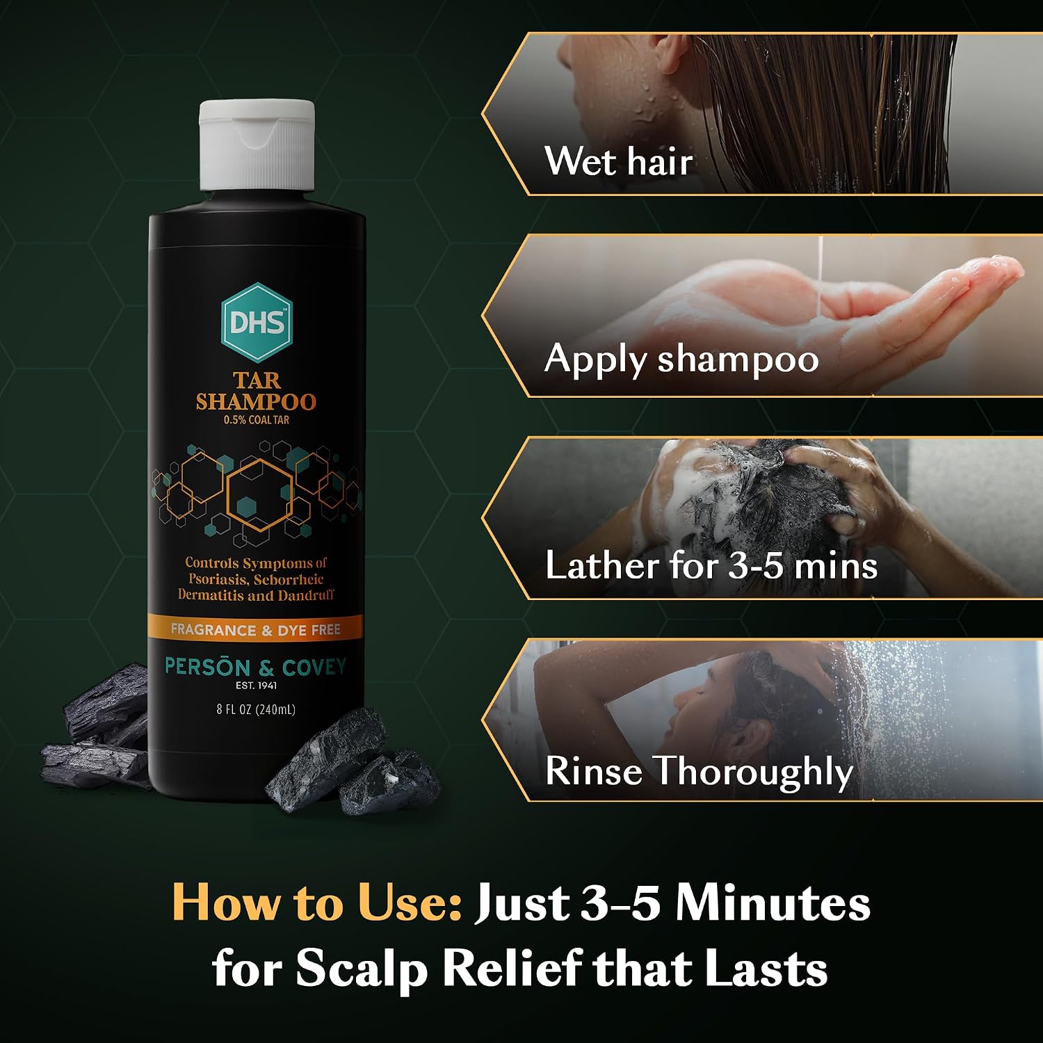 DHS Person & Covey, Inc Coal Tar Shampoo - Dandruff Shampoo for Men & Women, Psoriasis & Dandruff Hair Care for Itchy Scalp, Unscented Seborrheic Dermatitis Hair Care - 8 Fl Oz, Pack of 2