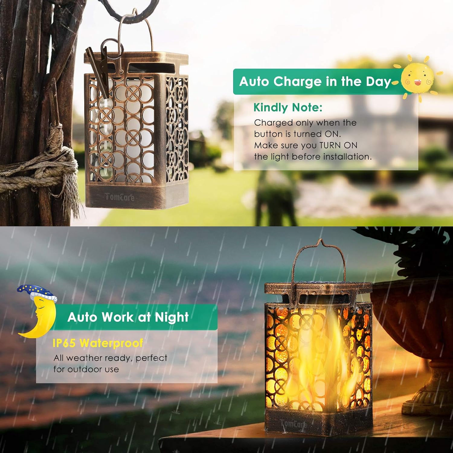TomCare Solar Lanterns Outdoor, Flickering Flame Hanging Lights, 2 Pack
