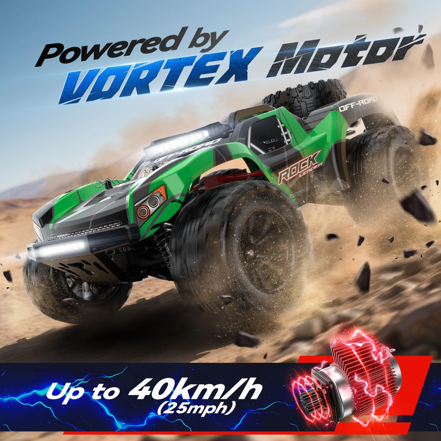 JM Racing 1:12 RC Car, 40KPH 4WD Off-Road Monster Truck for Adults and Kids | Rechargeable Battery, Waterproof RTR Design, LED Lights, Spare Tire