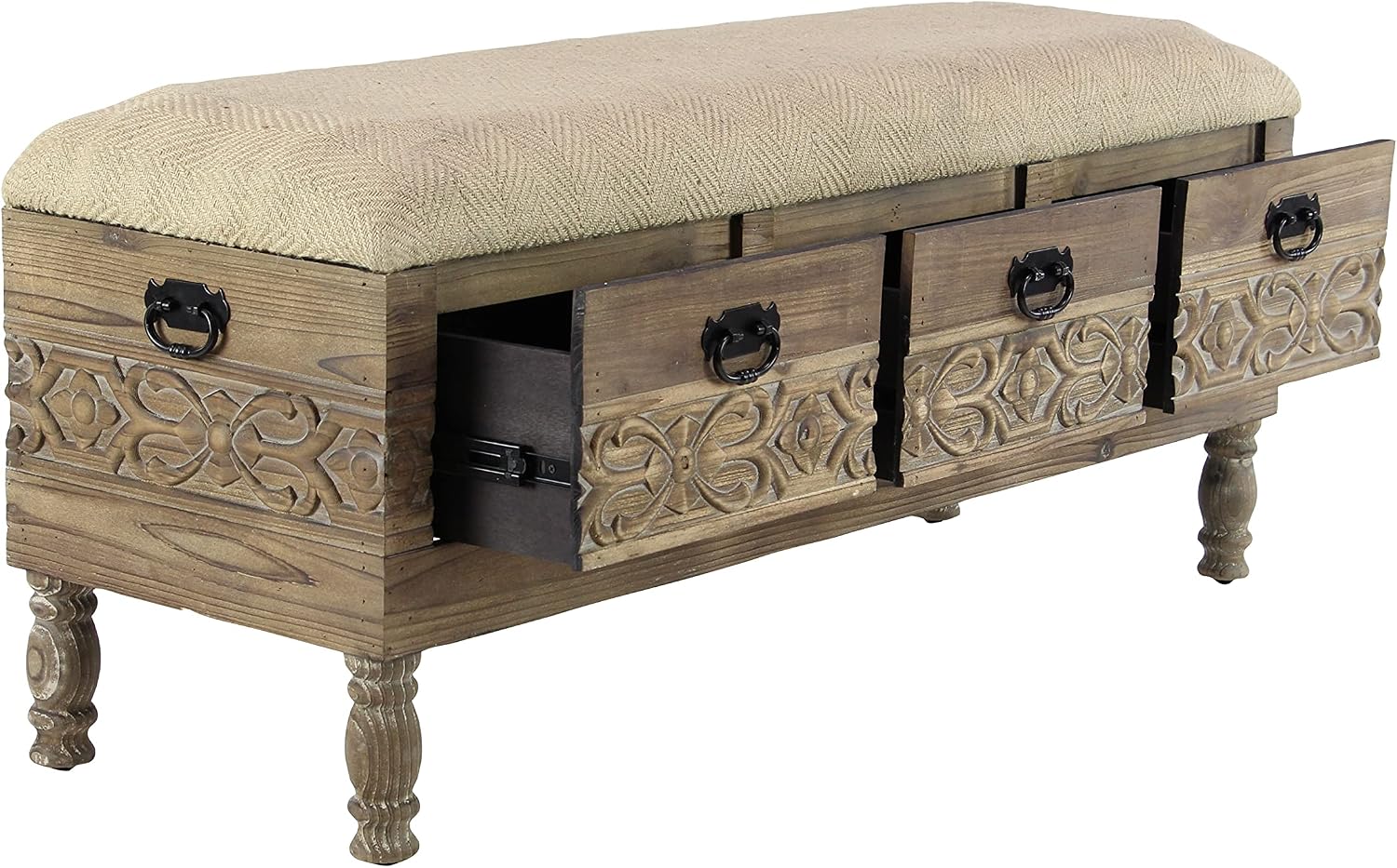 Deco 79 Wood Floral Room Storage Bench Intricately Carved Entryway Bench with Cream Burlap Top, Bench 47" x 16" x 20", Brown