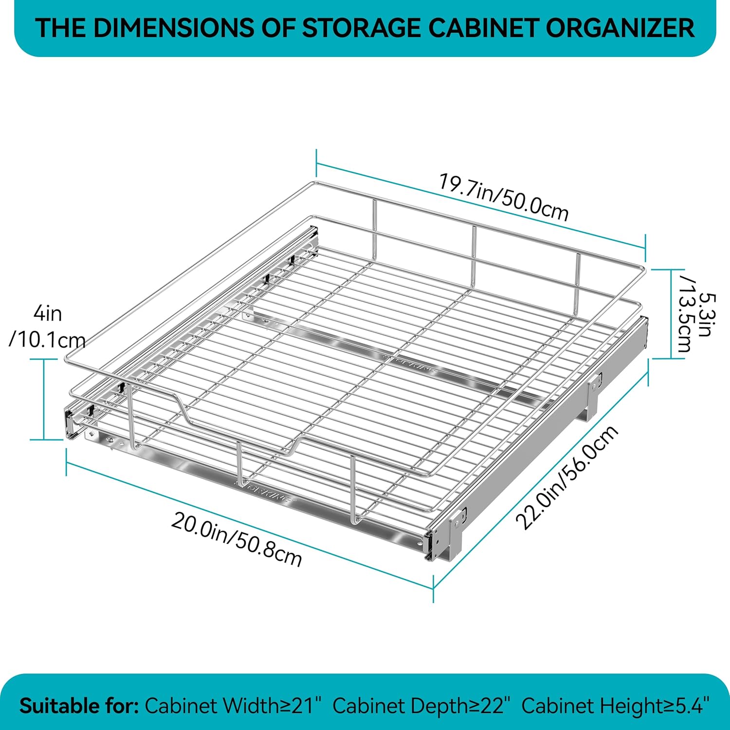 2 Tier Pull Out Cabinet Organizer 11" W X 22" D, Chromed, Full Slide Out