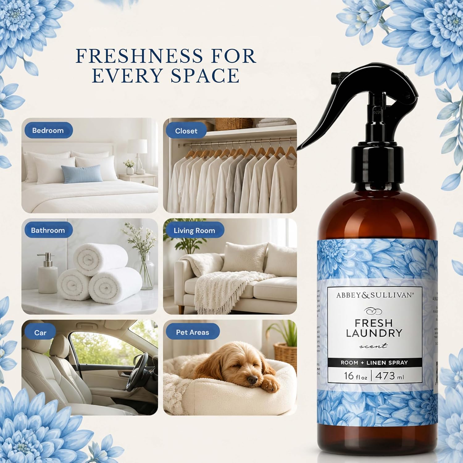 Abbey & Sullivan Odor Eliminating and Refreshing Linen and Room Spray, Fresh Laundry, 16 oz