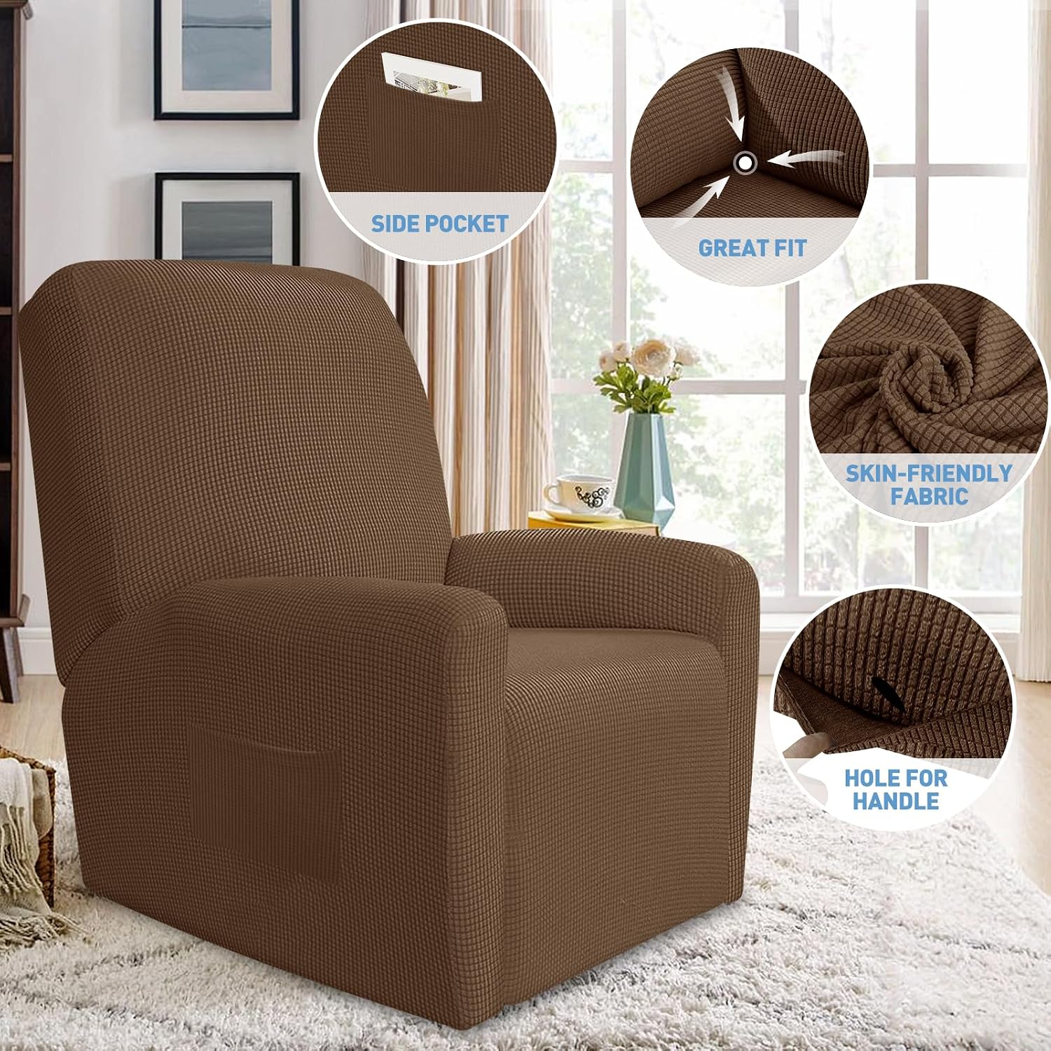JIVINER Super Stretch Recliner Chair Covers 4 Pieces Sofa Slipcover for Reclining Chair Spandex Soft Recliner Slipcover with Pockets Recliner