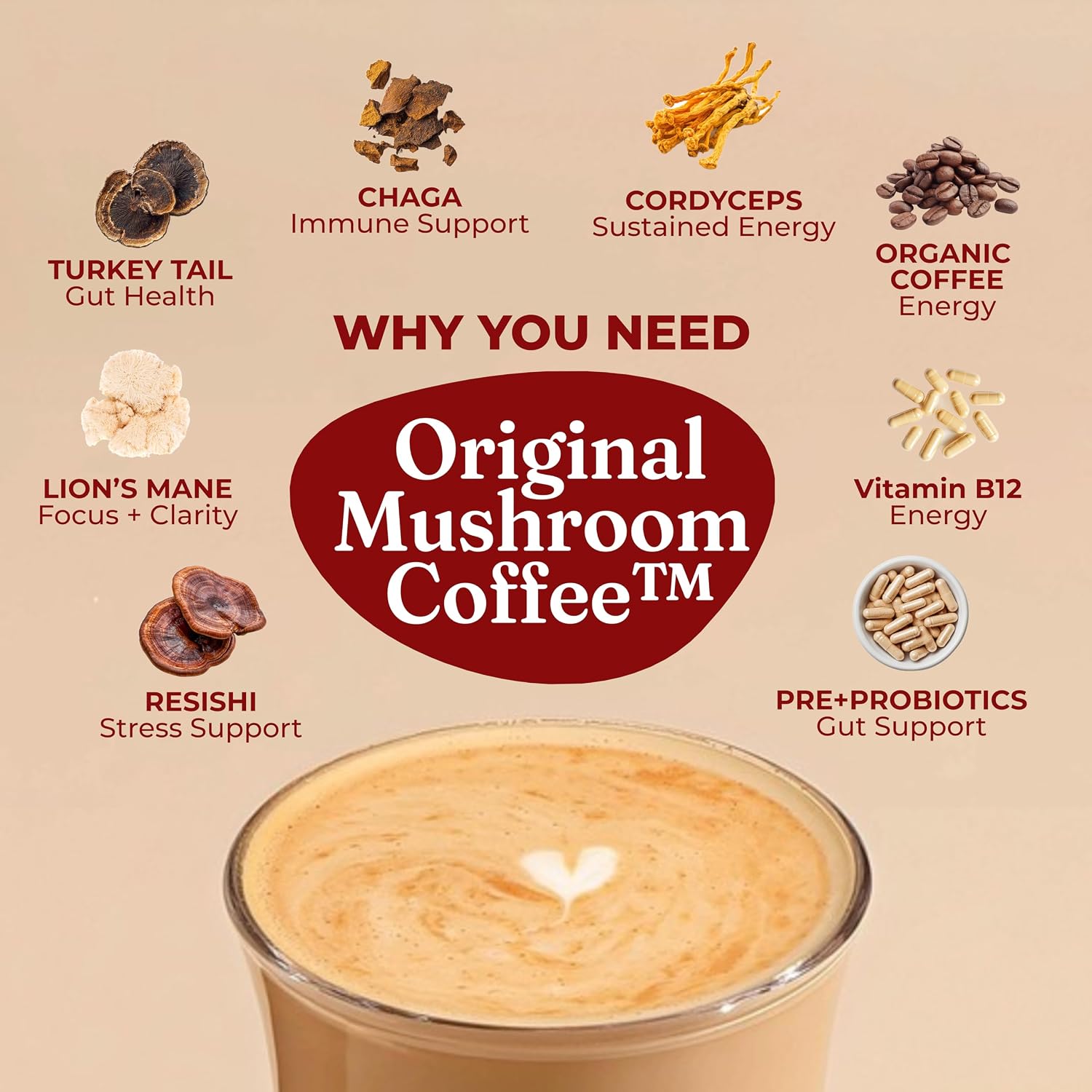 Four Sigmatic Organic Instant Coffee Powder | Mushroom Coffee Instant Mix with Cordyceps, Chaga and Eleuthero for Better Focus and Immune Support | 10 Packets