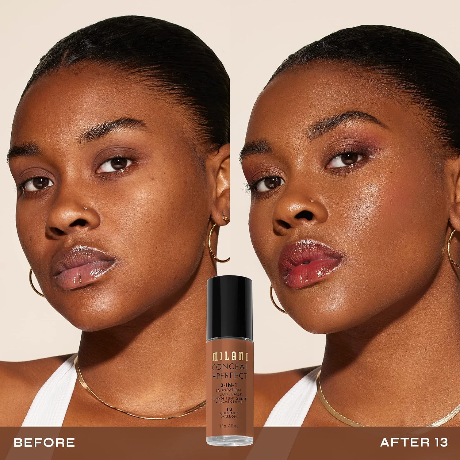 Milani Conceal + Perfect 2-in-1 Foundation + Concealer Makeup -13-Chestnut | Medium-To-Full Coverage, Natural-Matte Finish. Under Eye Corrector, Cover Redness & Imperfections. Waterproof & Sweat-Proof.