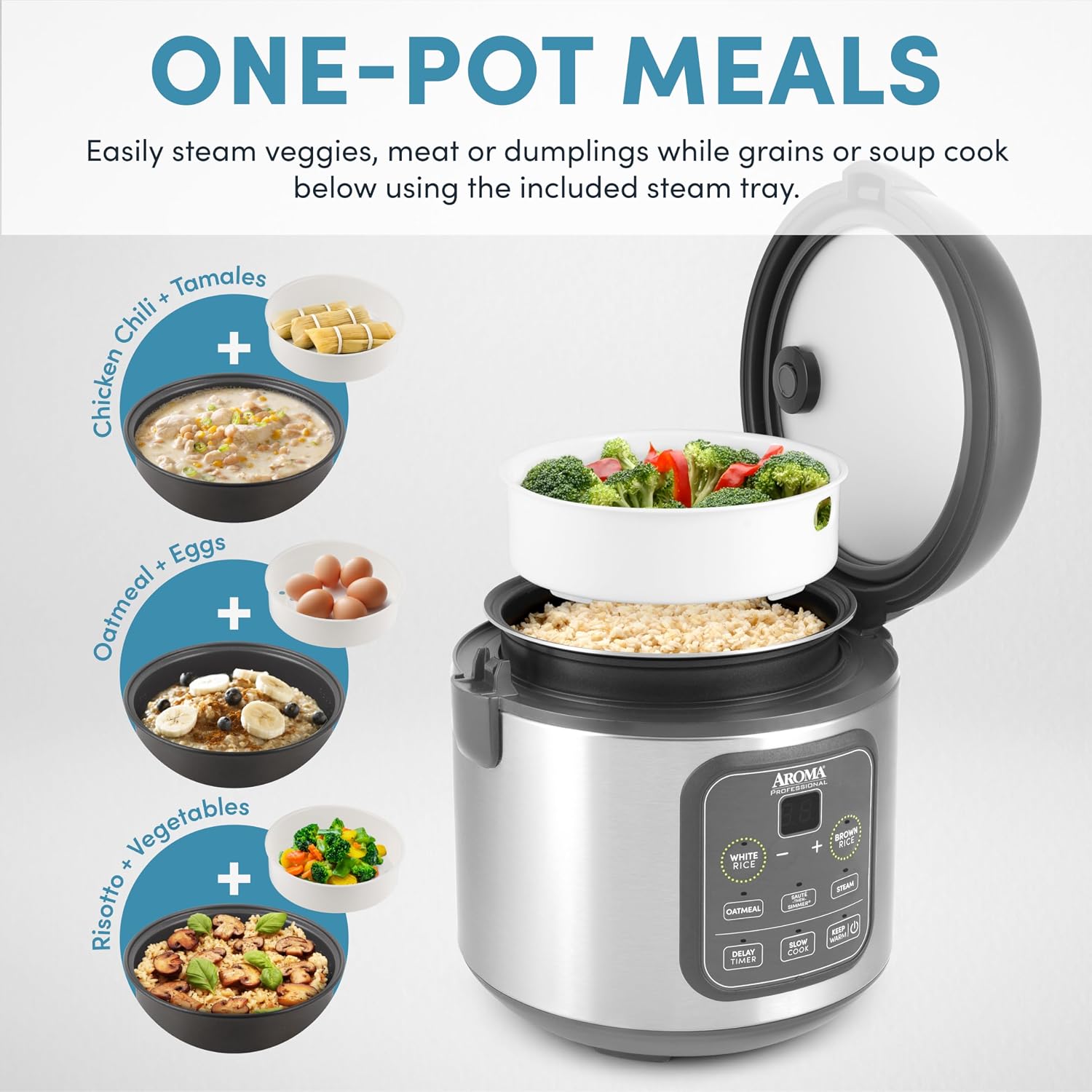 AROMA Digital Rice Cooker, 4-Cup (Uncooked) / 8-Cup (Cooked), Steamer, Grain Cooker, Multicooker, 2 Qt, Stainless Steel Exterior, ARC-914SBD