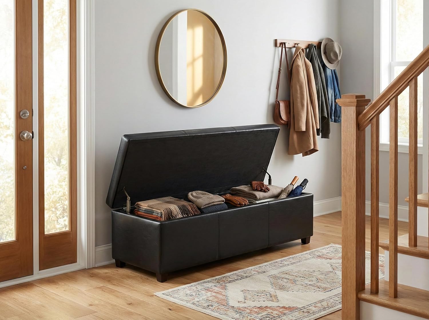 SIMPLIHOME Avalon 54" Wide Vegan Leather Storage Ottoman in Tanners Brown