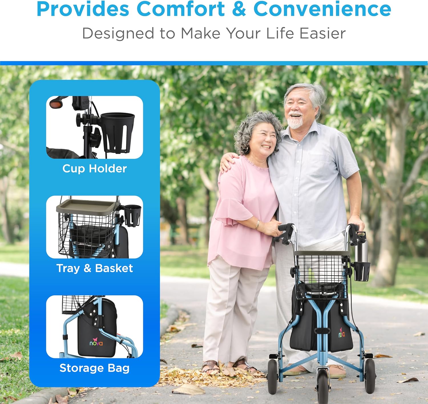 NOVA Traveler Folding 3-Wheel Walker with Tray, Basket, Pouch & Cup Holder, Lightweight Mobility Aid for Seniors & Adults, 8” All-Terrain Wheels for Tight Spaces & Travel, Sky Blue