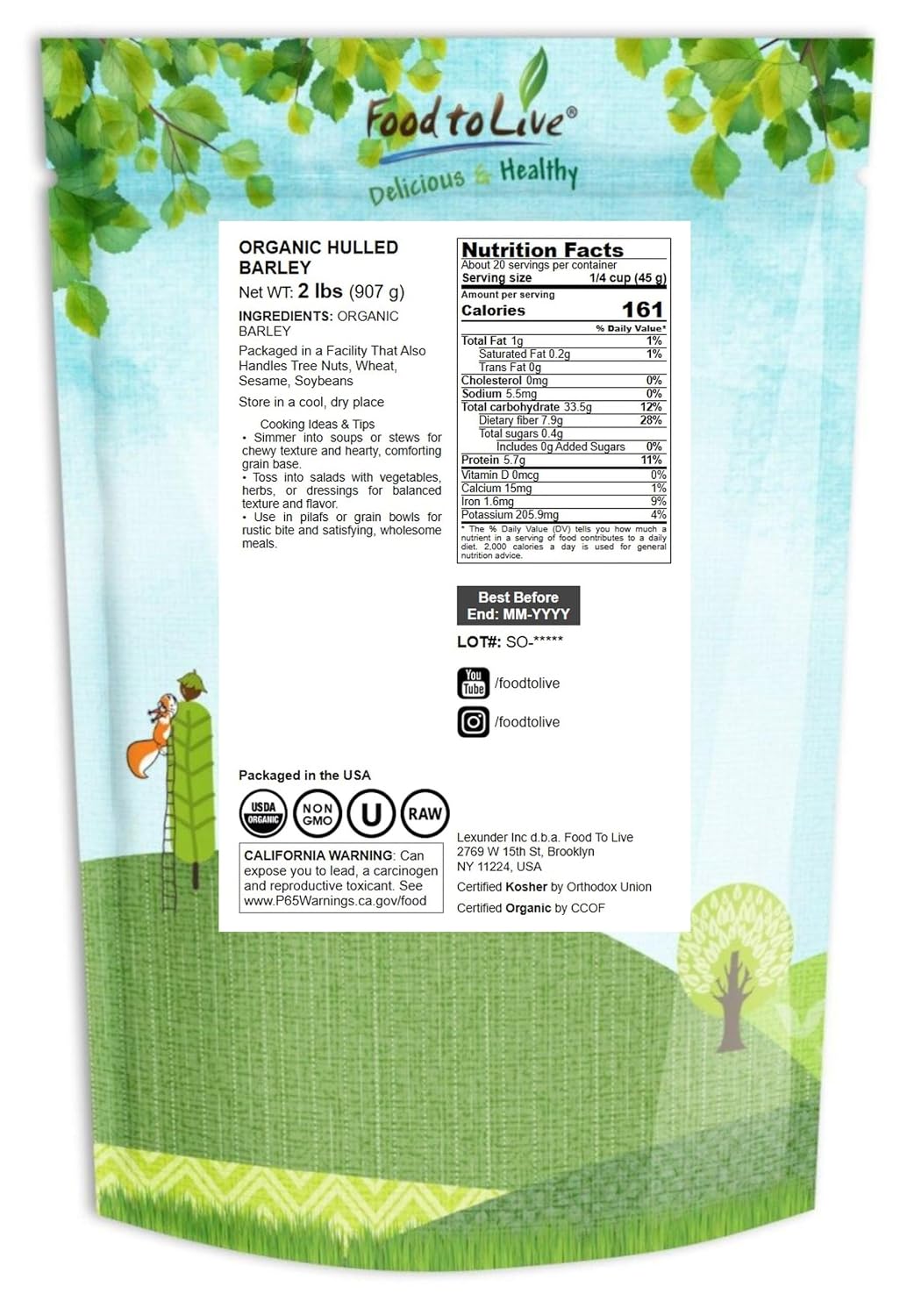 Food to Live Organic Hulled Barley, 15 Pounds – Non-GMO, 100% Whole Grain, Kosher, Vegan, Bulk. Suited for Home Brewing, Grinding. High in Fiber. Great for Chili, Hot Cereal, Salads, Soup.