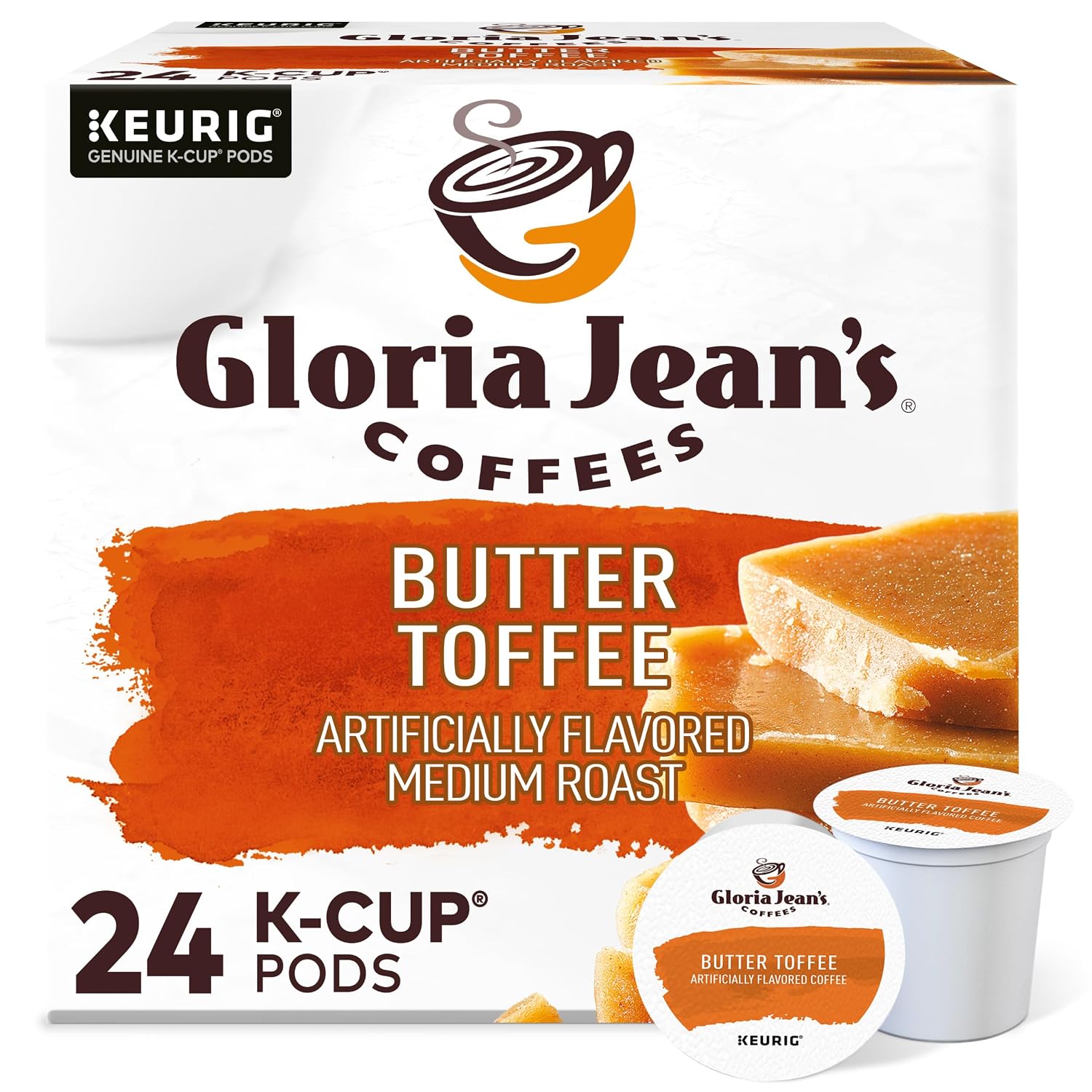 Gloria Jean's Coffees Butter Toffee, Single-Serve Keurig K-Cup Pods, Flavored Medium Roast Coffee, 24 Count (Pack of 1)