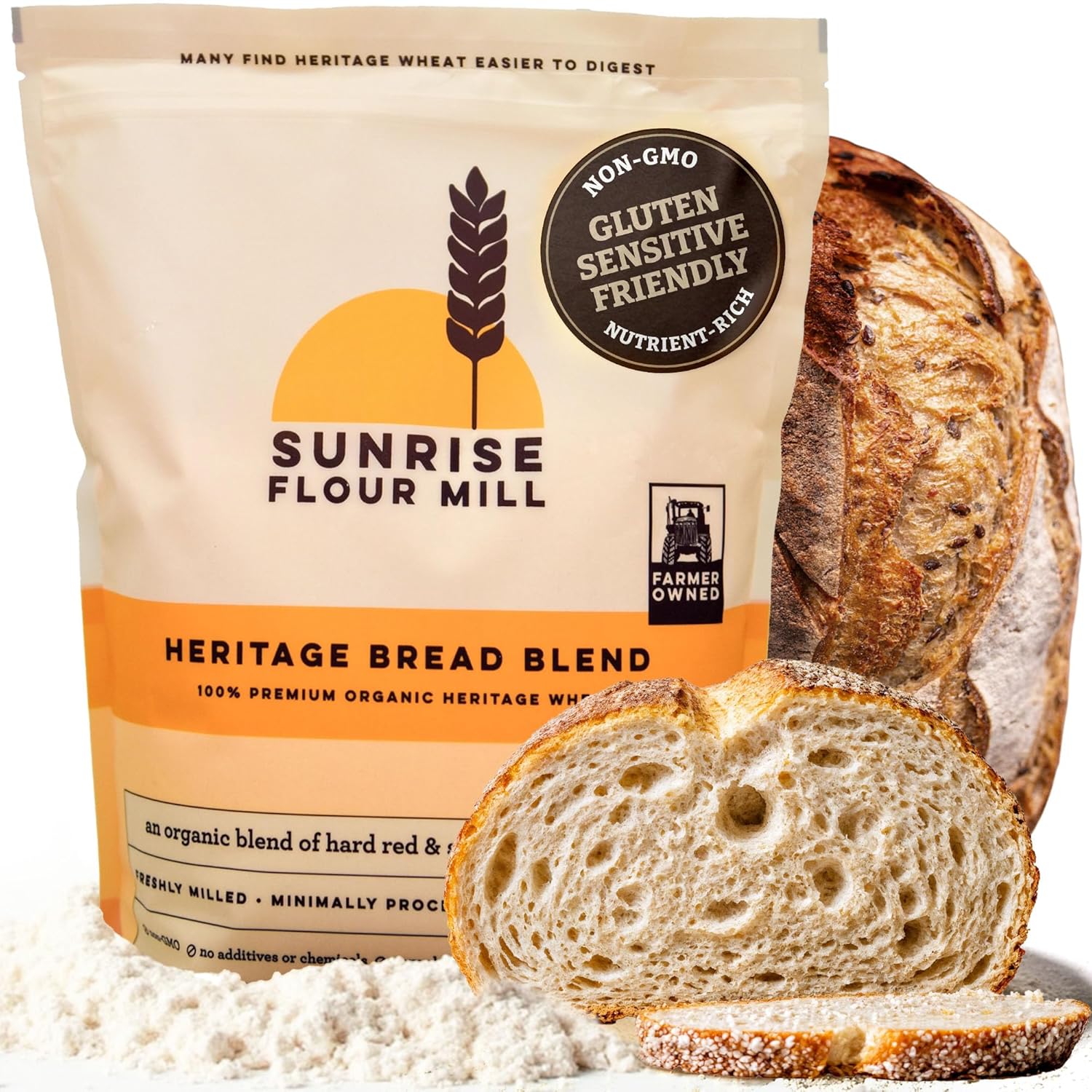 Sunrise Flour Mill Heritage Organic Bread Flour Blend - 5 lbs | Organic Unbleached Bread Flour Easy to Digest with Less Bloating | High Protein