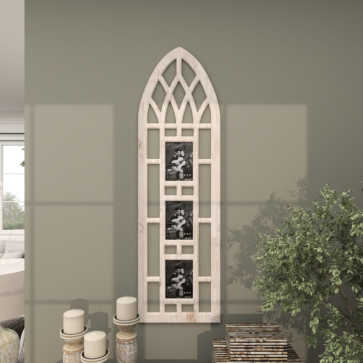Deco 79 Wooden Wall Photo Frame Slim Arched Window Inspired 3 Slot , 14" x 1" x 47", Light Brown