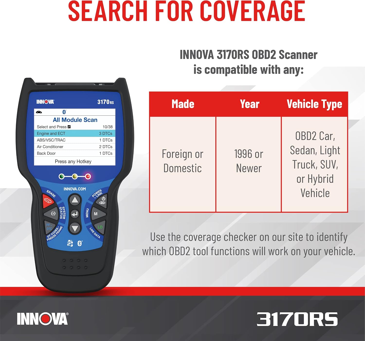 INNOVA 3170RS OBD1 & OBD2 Scanner, ABS Bleeder Scan Tool, OBD2 Diagnostic, Caliper Service, Brake Pad Life, Read/Erase ABS/SRS Codes, Reset Oil Light