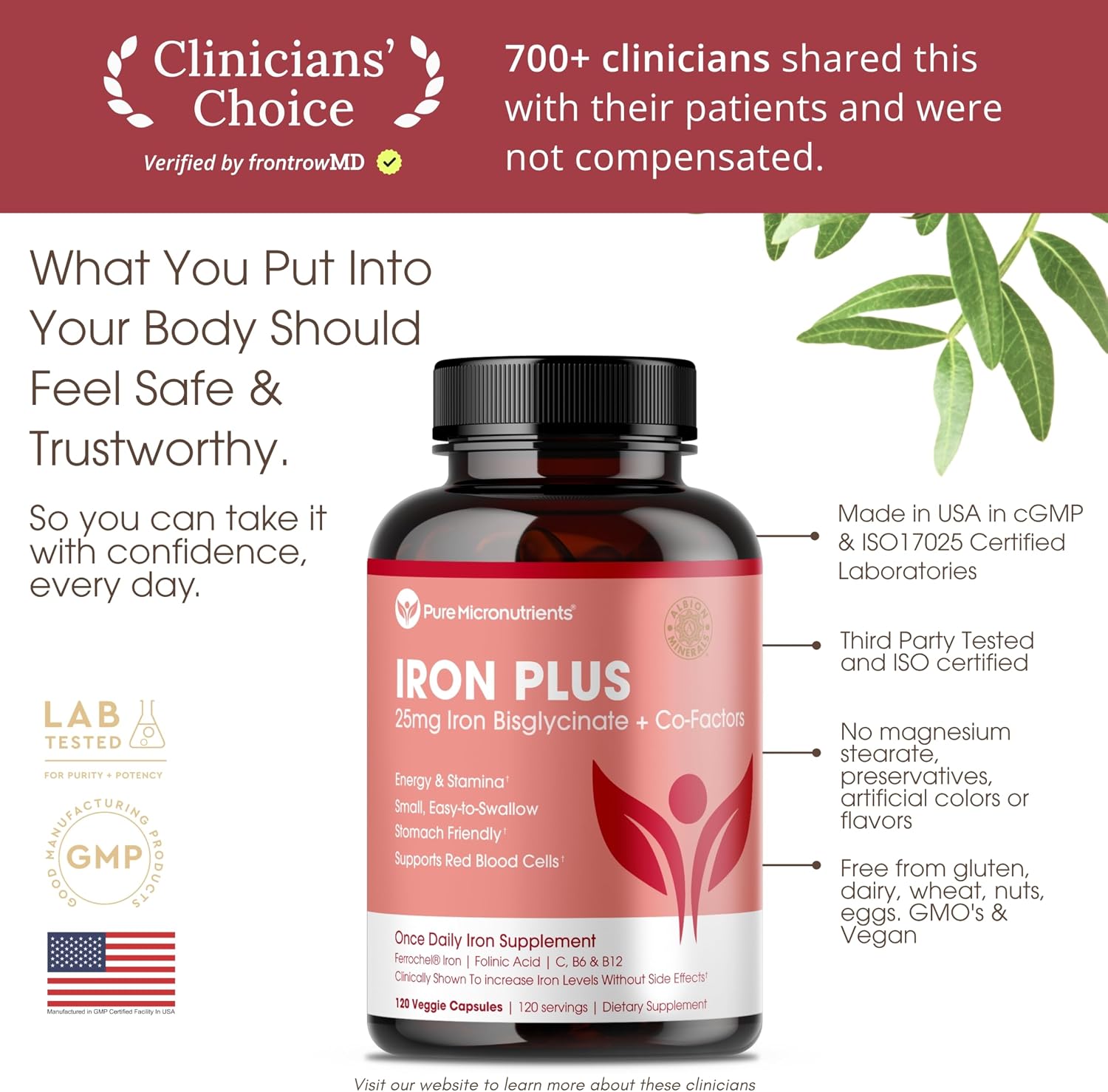Iron Supplement for Women, Gentle Iron Bisglycinate 25mg, 120 Count | With vitamin C, B6, B12 & folic acid, supports iron deficiency