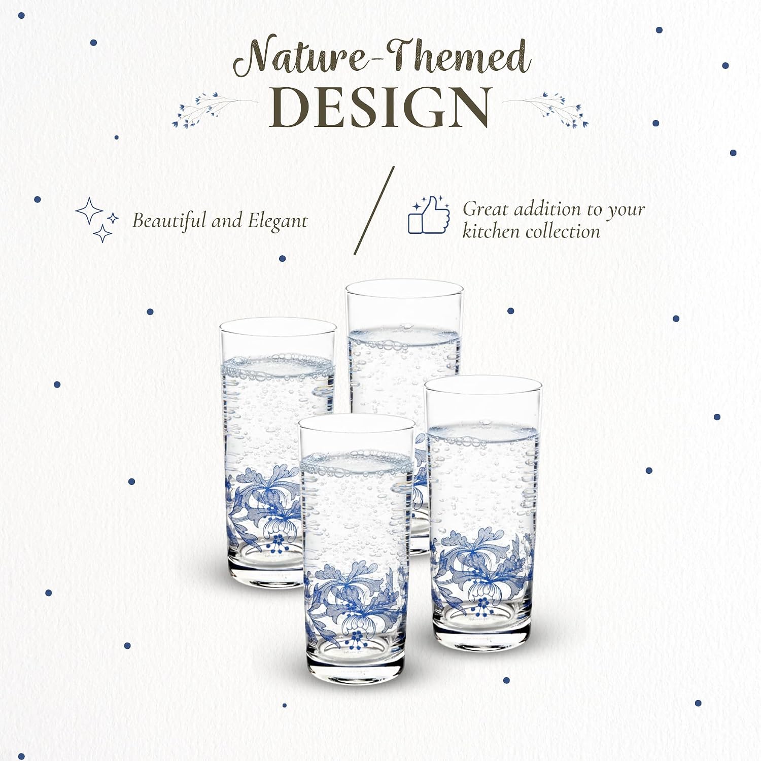 Spode Blue Italian Highball Glasses, 15 Oz - Blue & White, Set of 4 | Blue Italian Collection, Tall Tumbler for Serving Mojitos, Cocktails, Spritzers & Fruit-Infused Beverages, Glass Construction