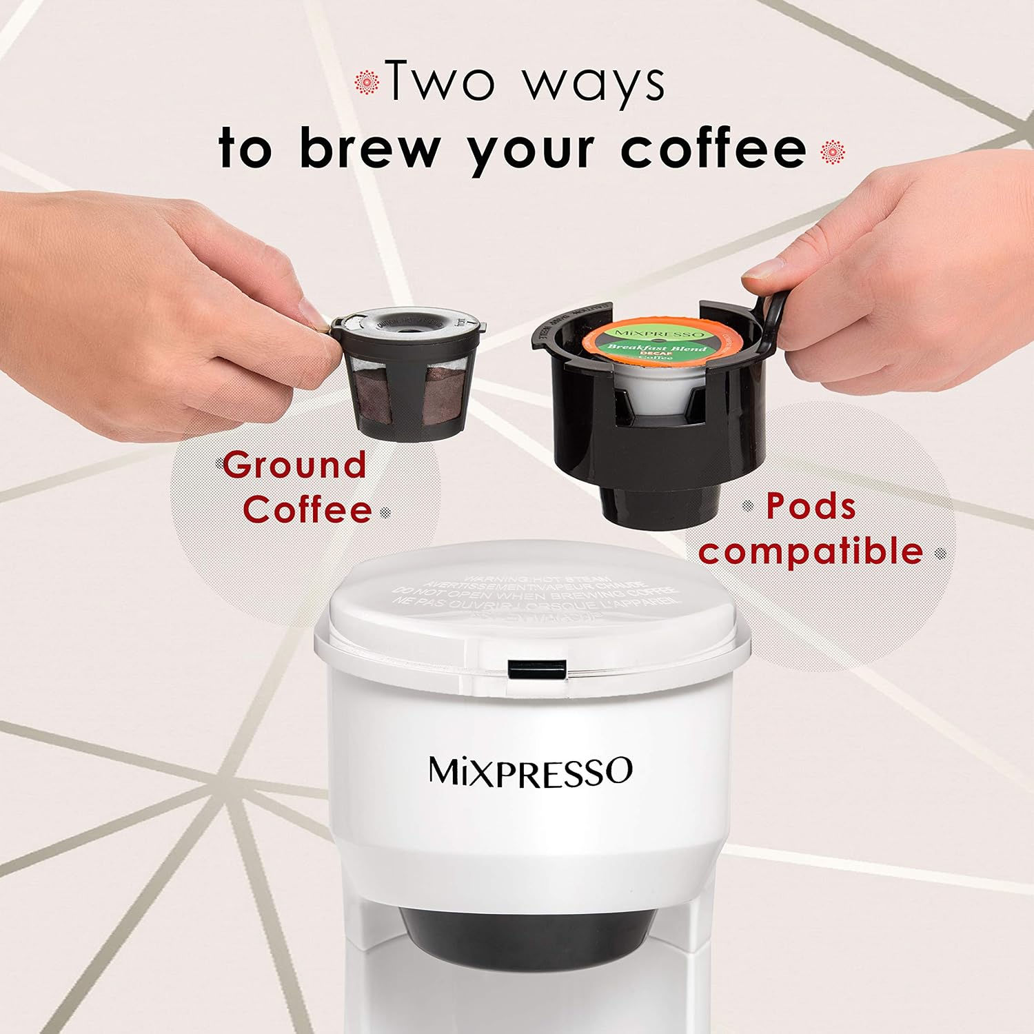 Mixpresso Single Serve Coffee Maker K Cup Coffee Maker for K Pods & Grounds | Compact 800W White Coffee Machine with 14 Oz Water Tank, Fast Brew & Auto Shut-Off, Small Design for Travel RV, Office& Dorm