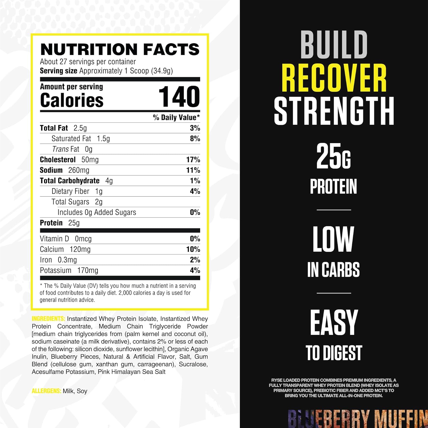 RYSE Loaded Protein Powder - Peanut Butter Cup - 25g Whey Protein Isolate & Concentrate with Prebiotic Fiber & MCTs - Low Carb, Low Sugar