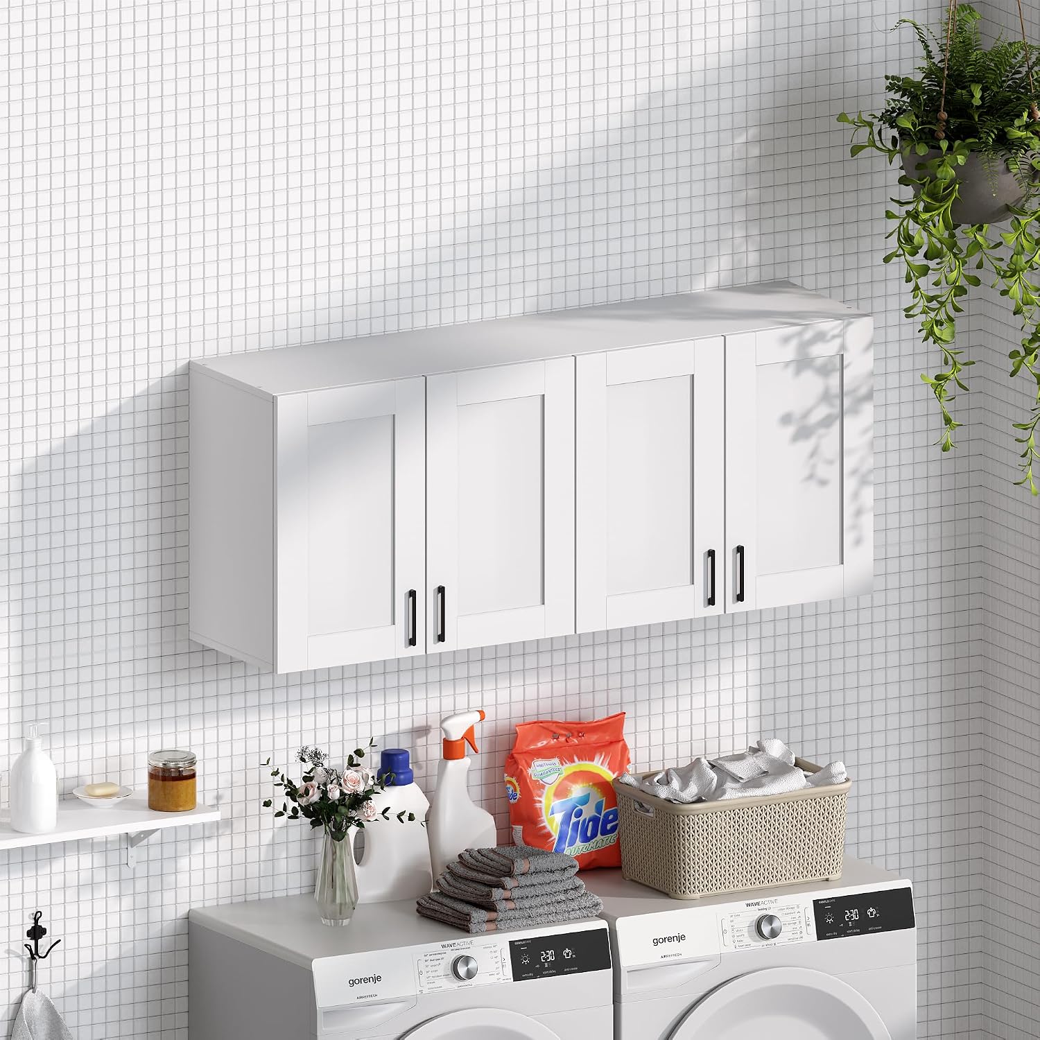 White Laundry Room Cabinets and Storage with 4 Doors and Utility Adjustable Shelf，Gabinetes Para Cocina Cupboard Kitchen Organizers and Storage Pantry Wall Mounted 12.4"D x 47.2"W x 19.7"H