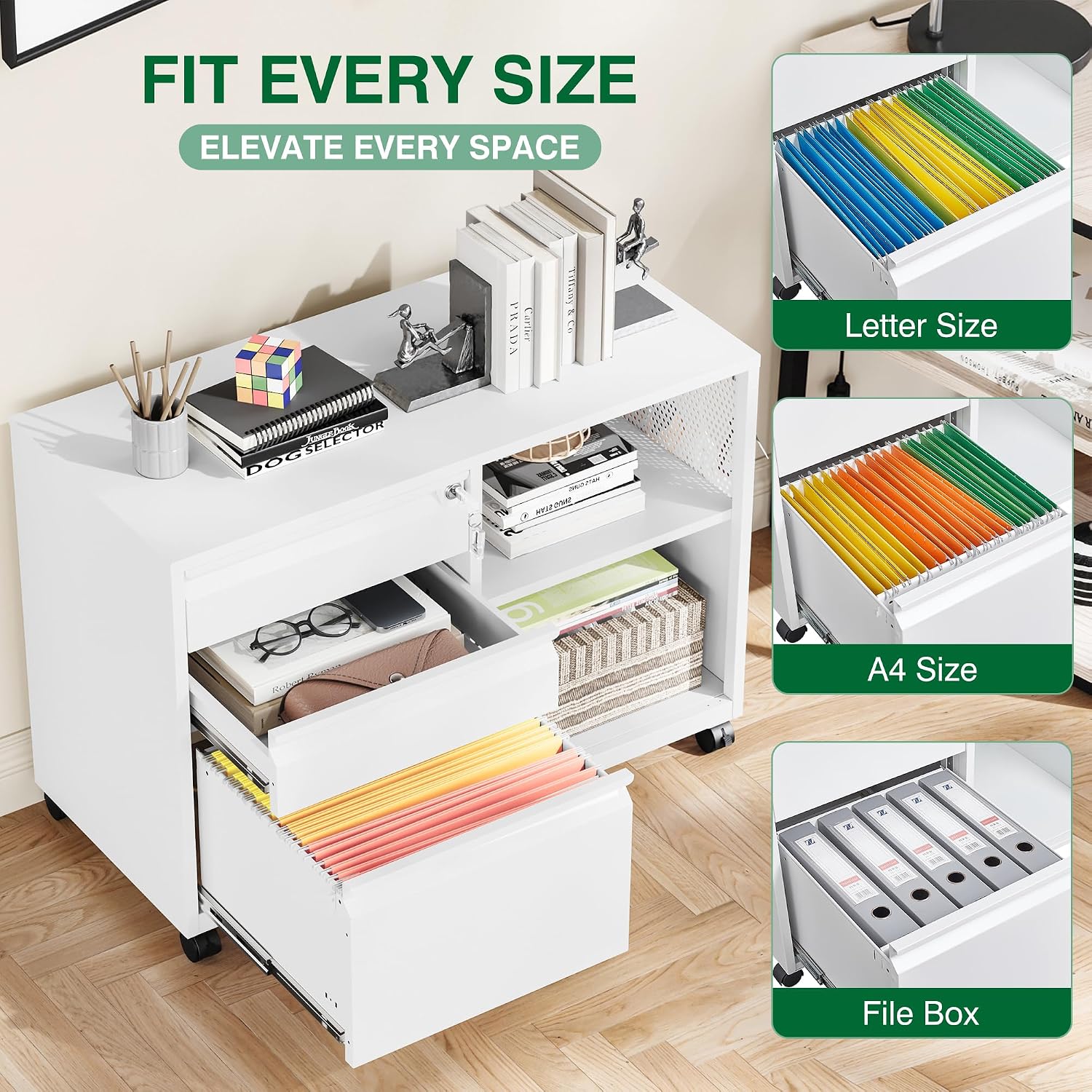 3 Drawer File Cabinet with Lock,Mobile Lateral Filing Cabinet with Side Hook for Letters/Legal/A4, Metal Printer Stand Storage Cabinets with Shelves for Home Office(Black)