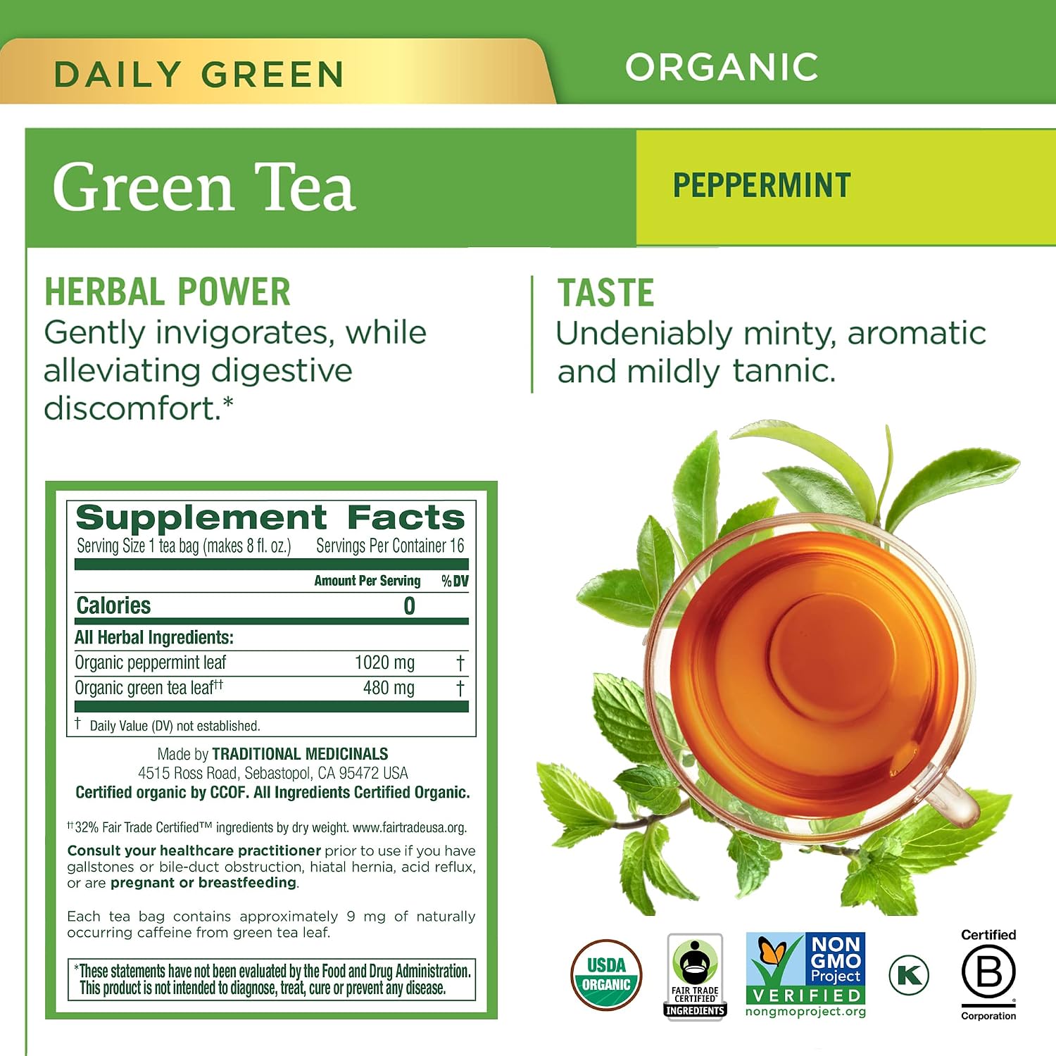 Traditional Medicinals Organic Green Tea Ginger, 16 Tea Bags | Promotes Healthy Digestion, Occasional Nausea & Indigestion Relief, Kosher, Non-GMO