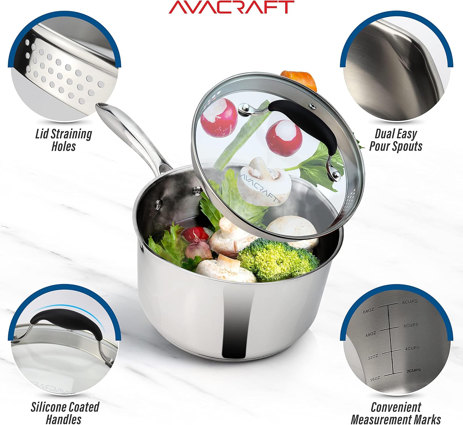AVACRAFT 2.5 Quart Stainless Steel Saucepan with Glass Strainer Lid | 18/10 Stainless Steel, 5-Ply Capsule Base, Dual Pour Spouts, Induction Compatible, Ergonomic Handle, Dishwasher Safe