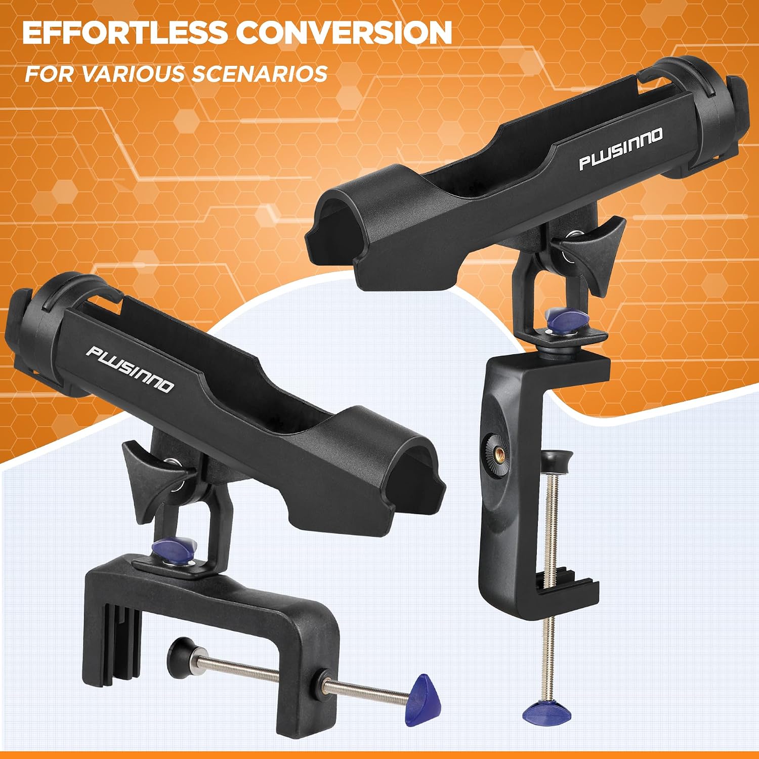 PLUSINNO Rod Holders for Fishing Boat Adjustable Pole Rod Holder | Universal Fit Most Fishing Rod, with Rod Protective Strap, Large Clamp Opening 360°, Horizontal Vertical Compatible