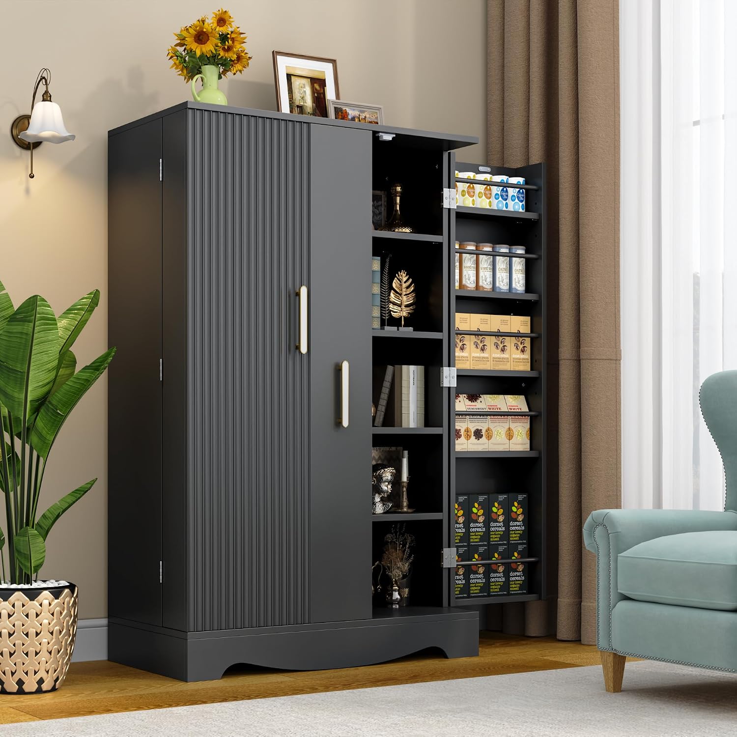 kepptory 47” Pantry Cabinet, Kitchen Pantry Storage Cabinet with Doors and Adjustable Shelves,Freestanding Buffet Cupboards Sideboard for Living Room and Dinning Room (White)