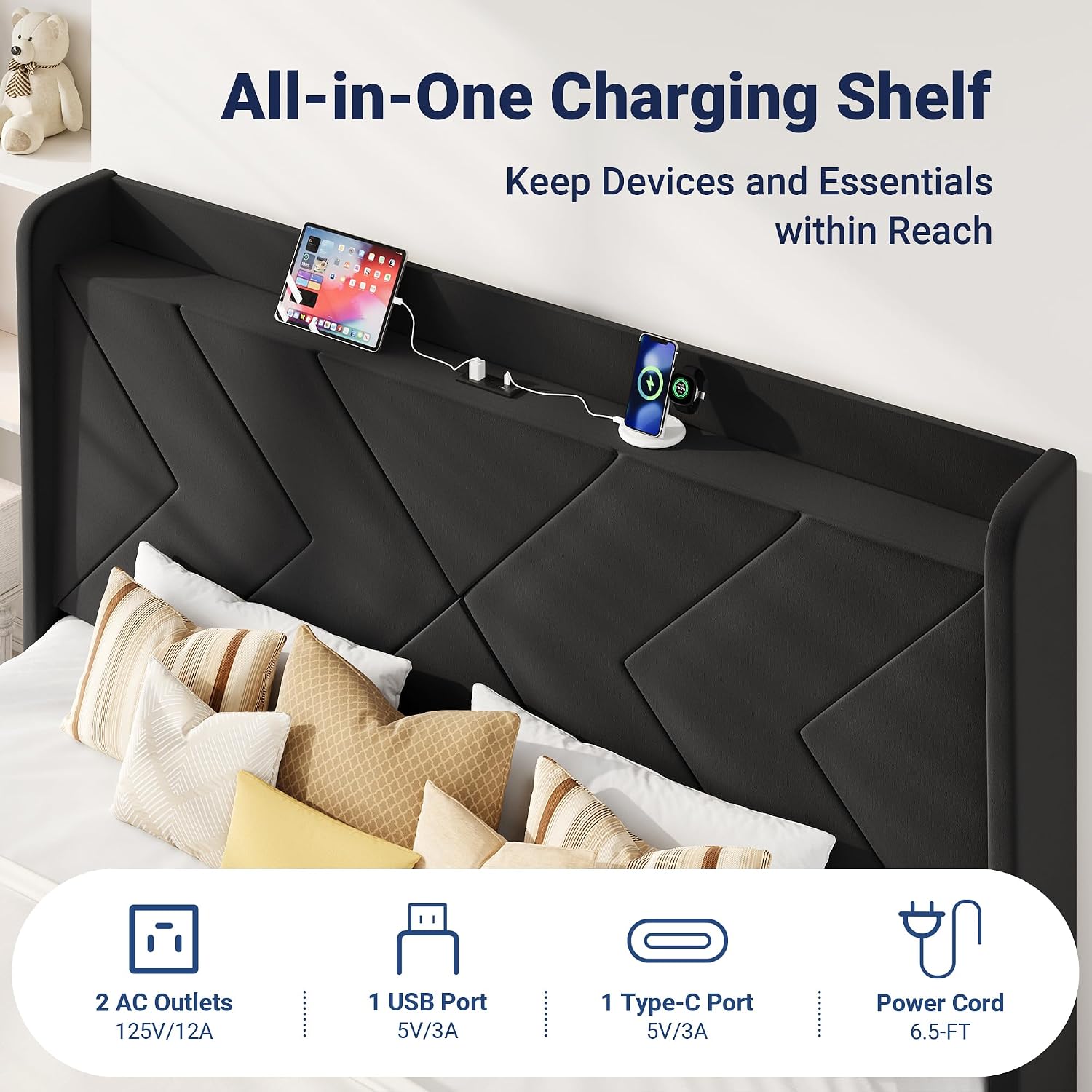 Allewie Full Size Platform Bed Frame with Charging Station and Storage Shelf/Upholstered Velvet Wingback Headboard/Wooden Slats Support/No Box Spring Needed/Easy Assembly, White