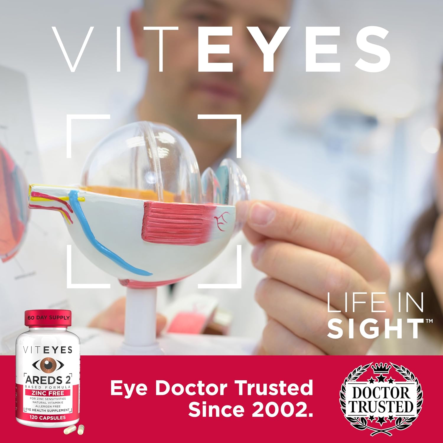 Viteyes AREDS 2 Zinc Free Macular Support, Natural Allergen Free Capsules with Vitamin E, Vitamin C, Lutein & Zeaxanthin, No Zinc, No Copper, Eye Doctor Trusted, Manufactured in the USA, 180 Ct