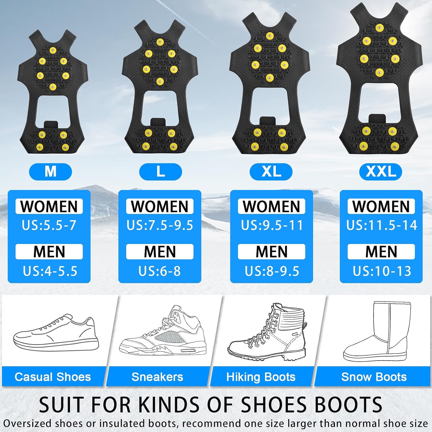 Ice Cleats for Shoes and Boots Men Women Winter Walking Ice Snow Cleats Anti Slip Snow Traction Shoes Crampons 10 Steel Studs Overshoe Slip-on