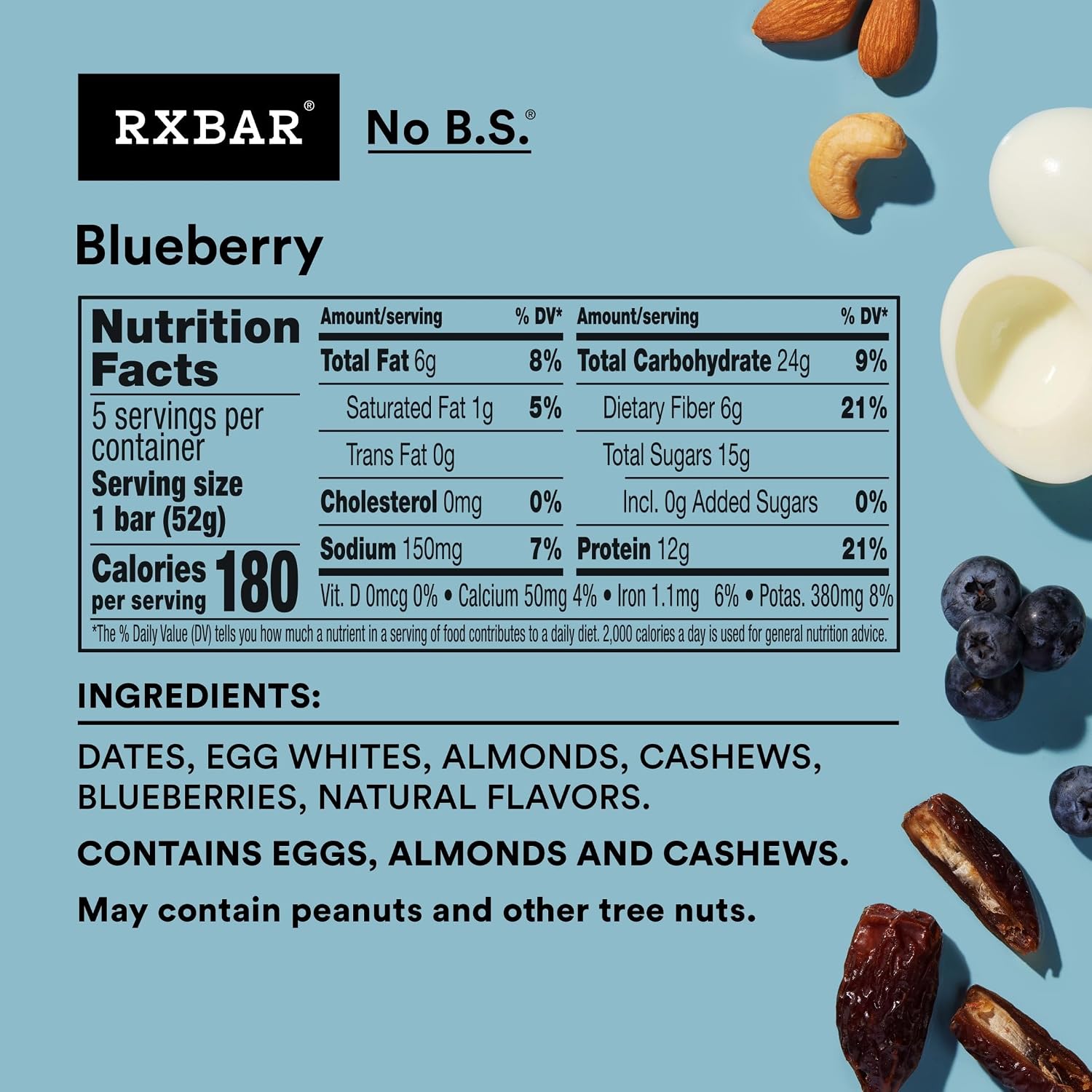 RXBAR Protein Bars, 12g Protein, Gluten Free Snacks, Blueberry, 22oz Box (12 Bars)