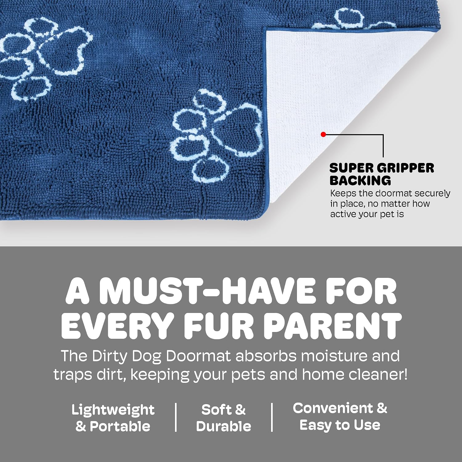 Dog Gone Smart Dirty Dog Doormat - Fast Drying Rug with Super Gripper Backing for Clean Floors - Super Absorbent and Machine Washable Mat for Muddy Paws - Grey