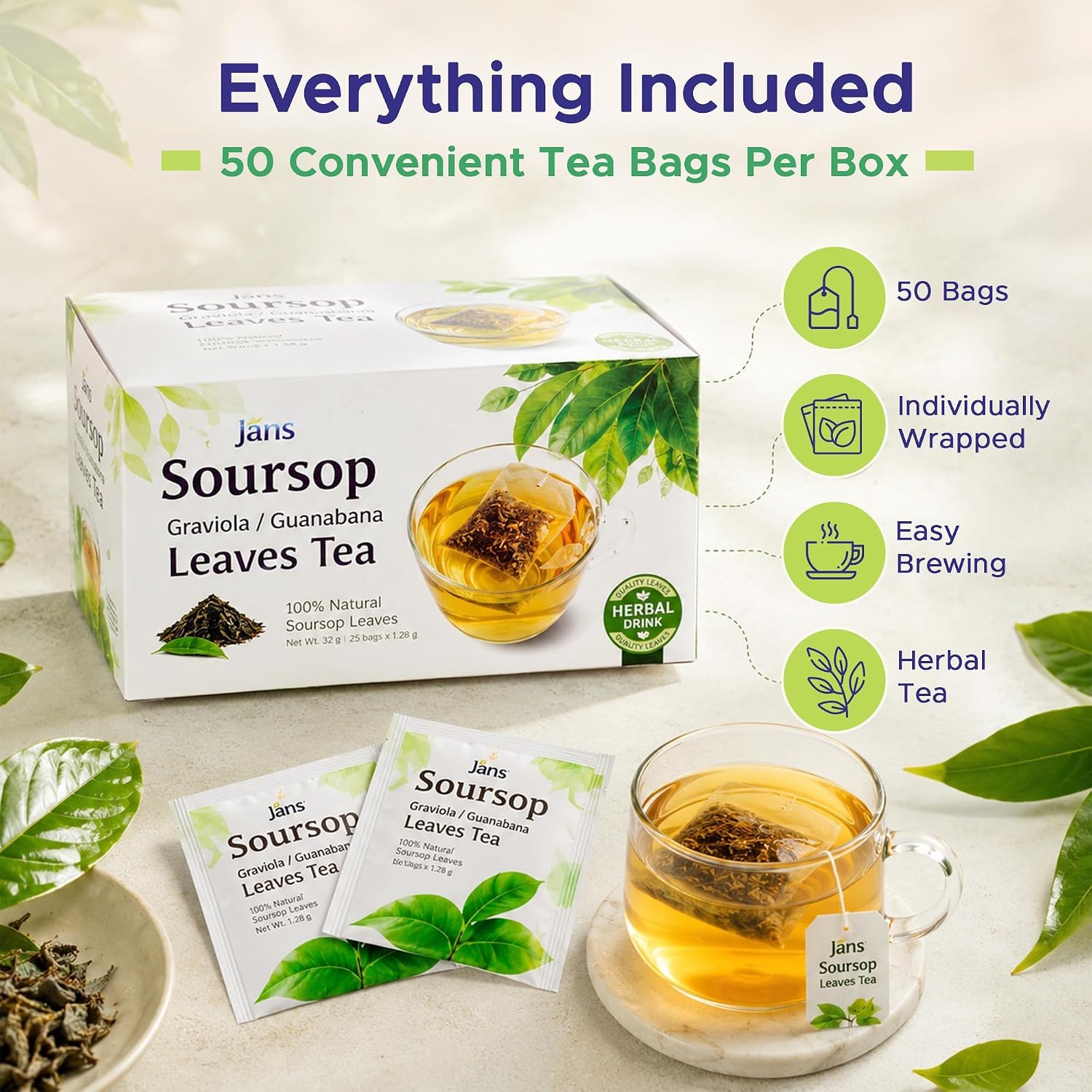 Jans Soursop Tea Bags 25 Count | 100% Natural Soursop Leaves | Caffeine Free Sour Sop Tea | Vegan Herbal Tea | Individually Wrapped Tea Bags | Cholesterol Free Sugar Free Relaxation Beverage