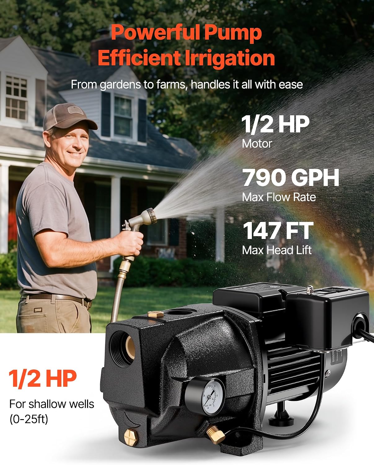 VEVOR 1/2 HP Shallow Well Jet Pump, AC 115/230 Volt, 790 GPH Dual Voltage Cast Iron Well Jet Pump, with 147 ft Max Head Lift, Automatic Pressure Switch, for Garden Irrigation Lawn Sprinkler System