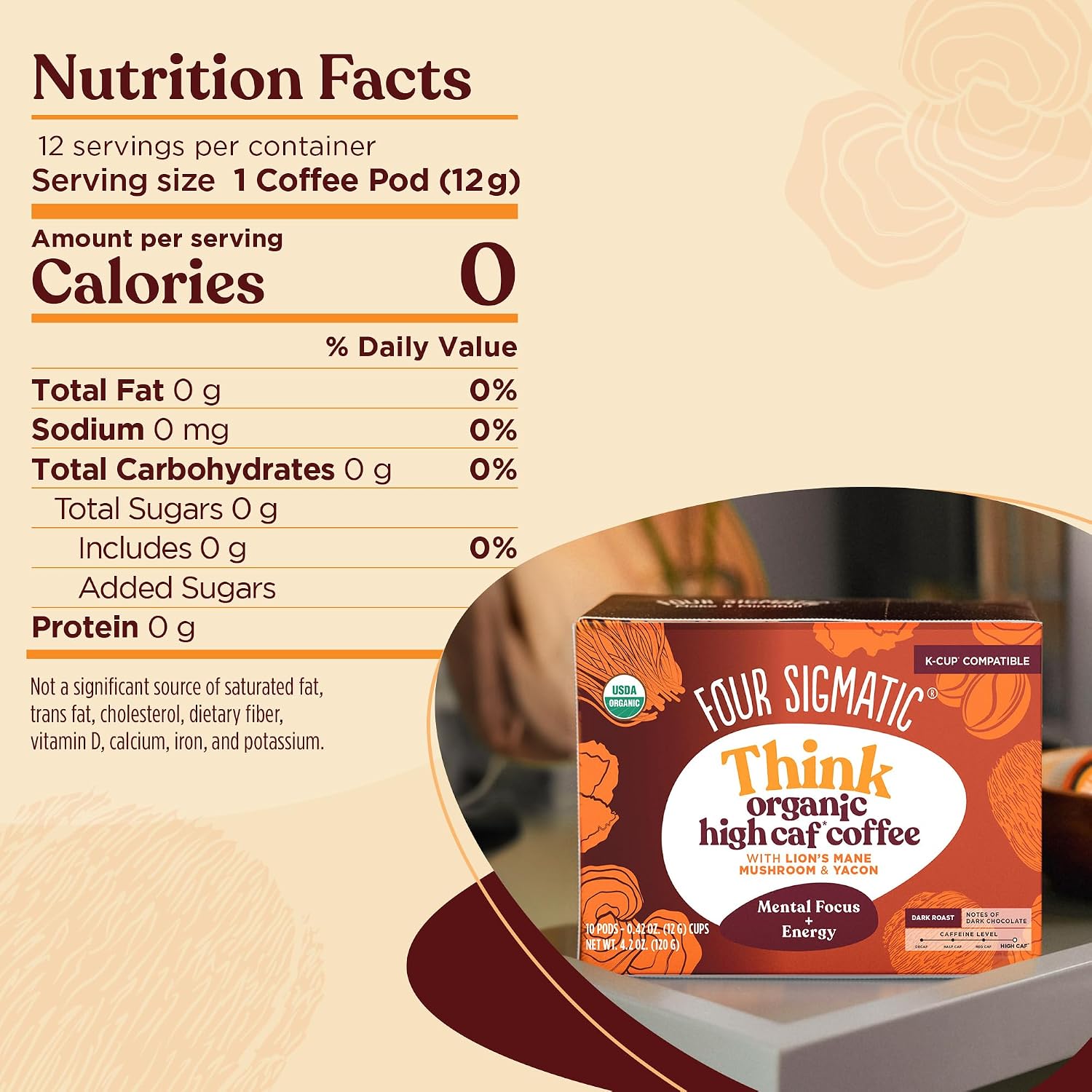 Four Sigmatic Mushroom Coffee K-Cups | Organic Dark Roast Coffee with Lion’s Mane Mushroom Powder & Yacon | Focus & Immune Support | Vegan & Keto