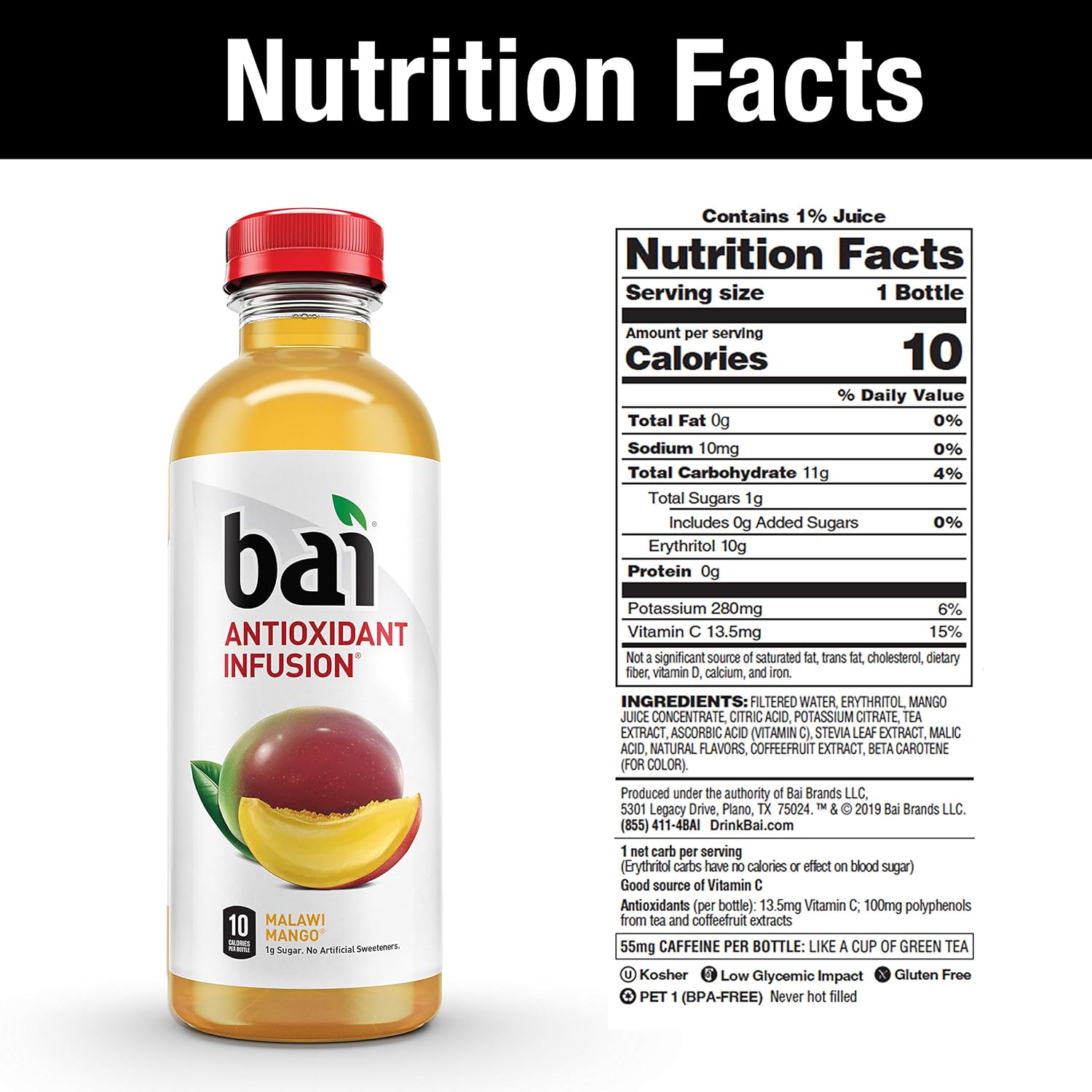 Bai Coconut Flavored Water Puna Coconut Pineapple, Antioxidant Infused, Coconut Pineapple Flavored Water Drink, 18 Fluid Ounce Bottles, 6 Count