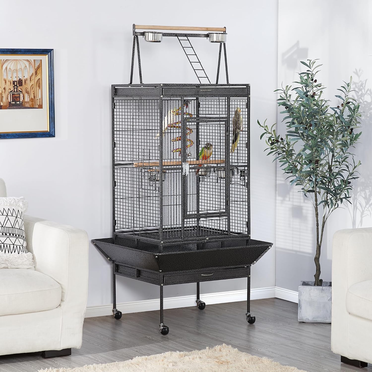 Yaheetech 69" Large Bird Cage, Rolling Parrot Cage for Parakeets Cockatiels | Play Top with Ladder & Feeders, Slide-Out Tray, Rolling Stand