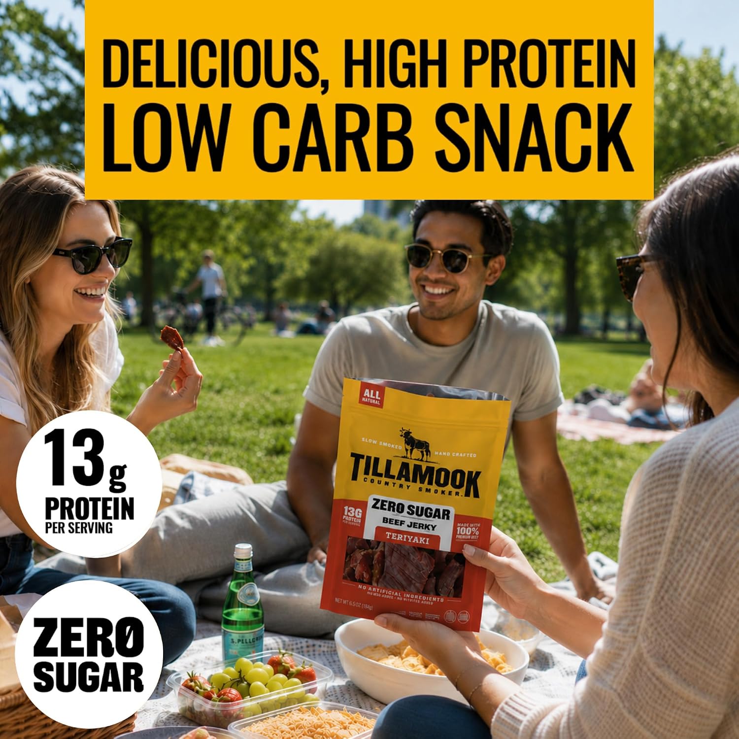 Tillamook Country Smoker Zero Sugar Original Beef Jerky Sticks, 6.5 Oz, 14g Protein, Real Hardwood Slow-Smoked, High Protein, Low Carb Meat Snacks, Keto-Friendly, 0g Sugar & Total Carbs