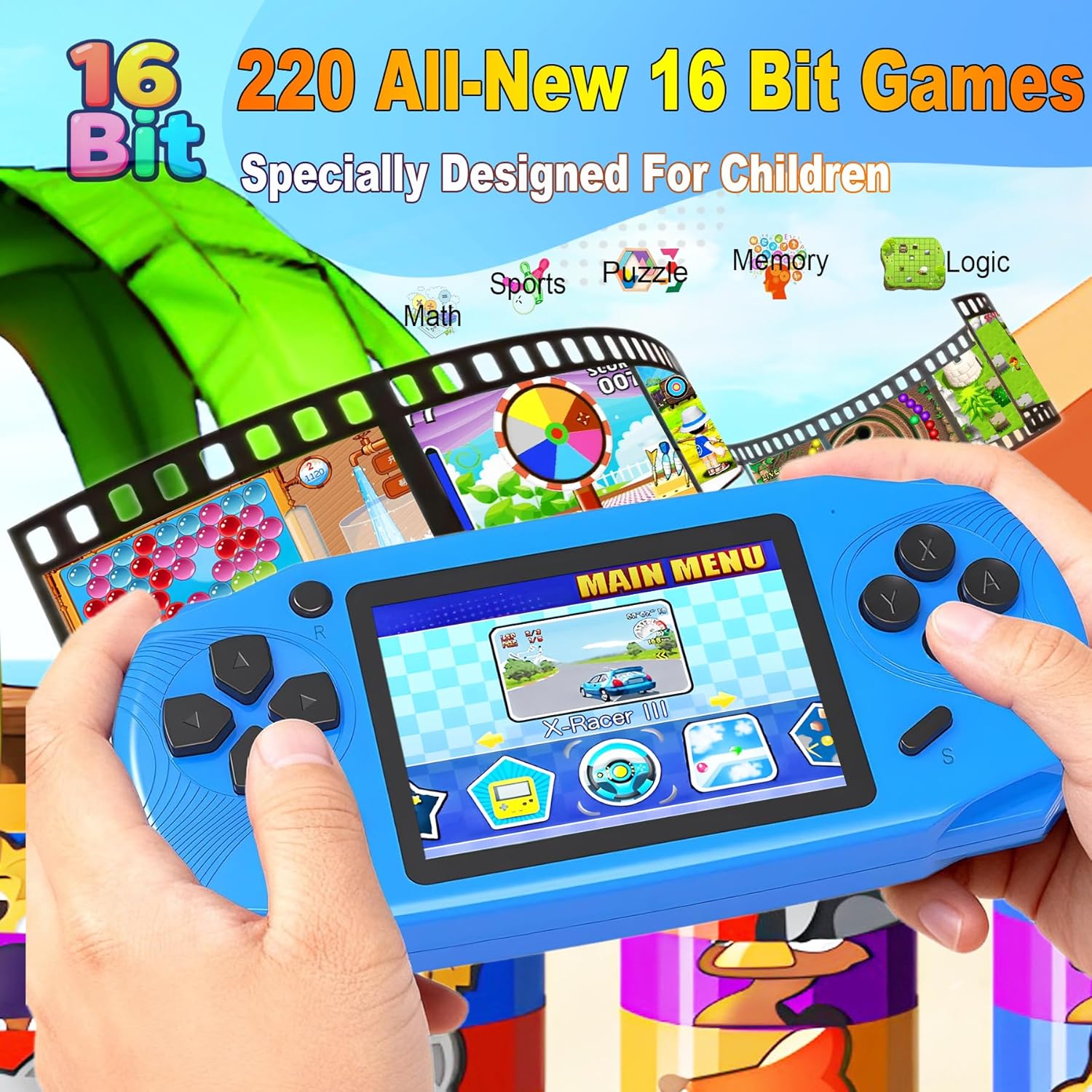 16 Bit Handheld Games for Kids Preloaded 220 Retro Video Games, Blue | 3.0" HD Screen, Rich Gameplay,USB-C Rechargeable, 6+Hrs Play, Portable Travel Toy for Car Flights,Boys Girls Birthdays Gift